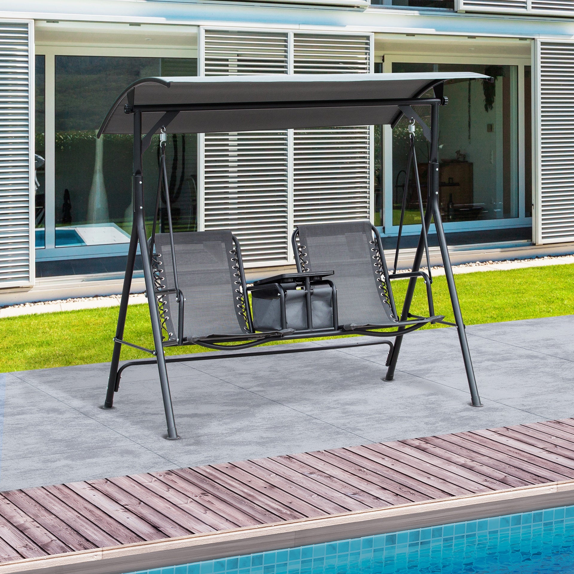 Outsunny 2-Seat Outdoor Porch Swing, with Pivot Storage Table, Cup Holder, & Adjustable Overhead Canopy, Stand's Skid-Resistant Feet Pad, Breathable Mesh Seat, Steel Frame, for Patio, Gray
