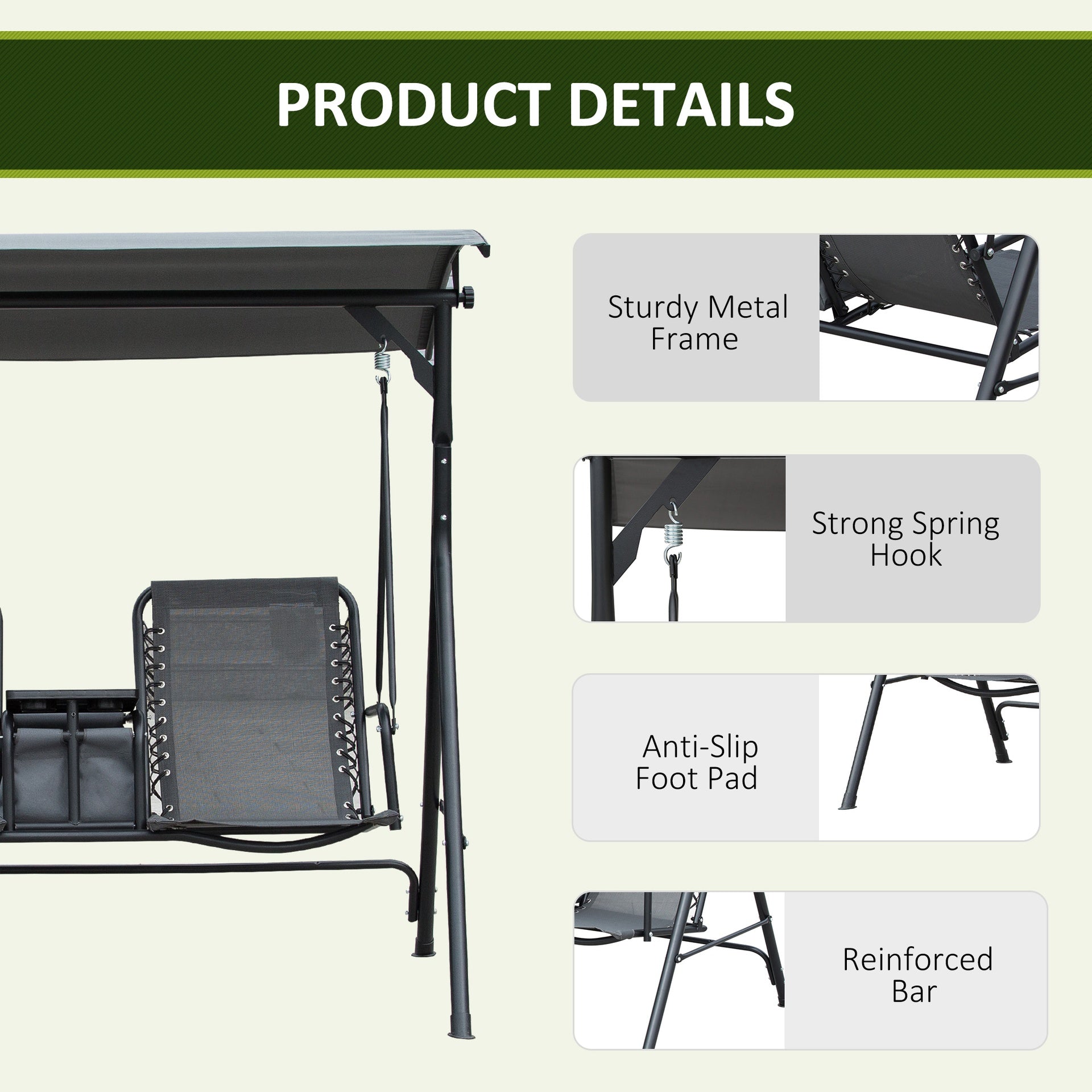 Outsunny 2-Seat Outdoor Porch Swing, with Pivot Storage Table, Cup Holder, & Adjustable Overhead Canopy, Stand's Skid-Resistant Feet Pad, Breathable Mesh Seat, Steel Frame, for Patio, Gray