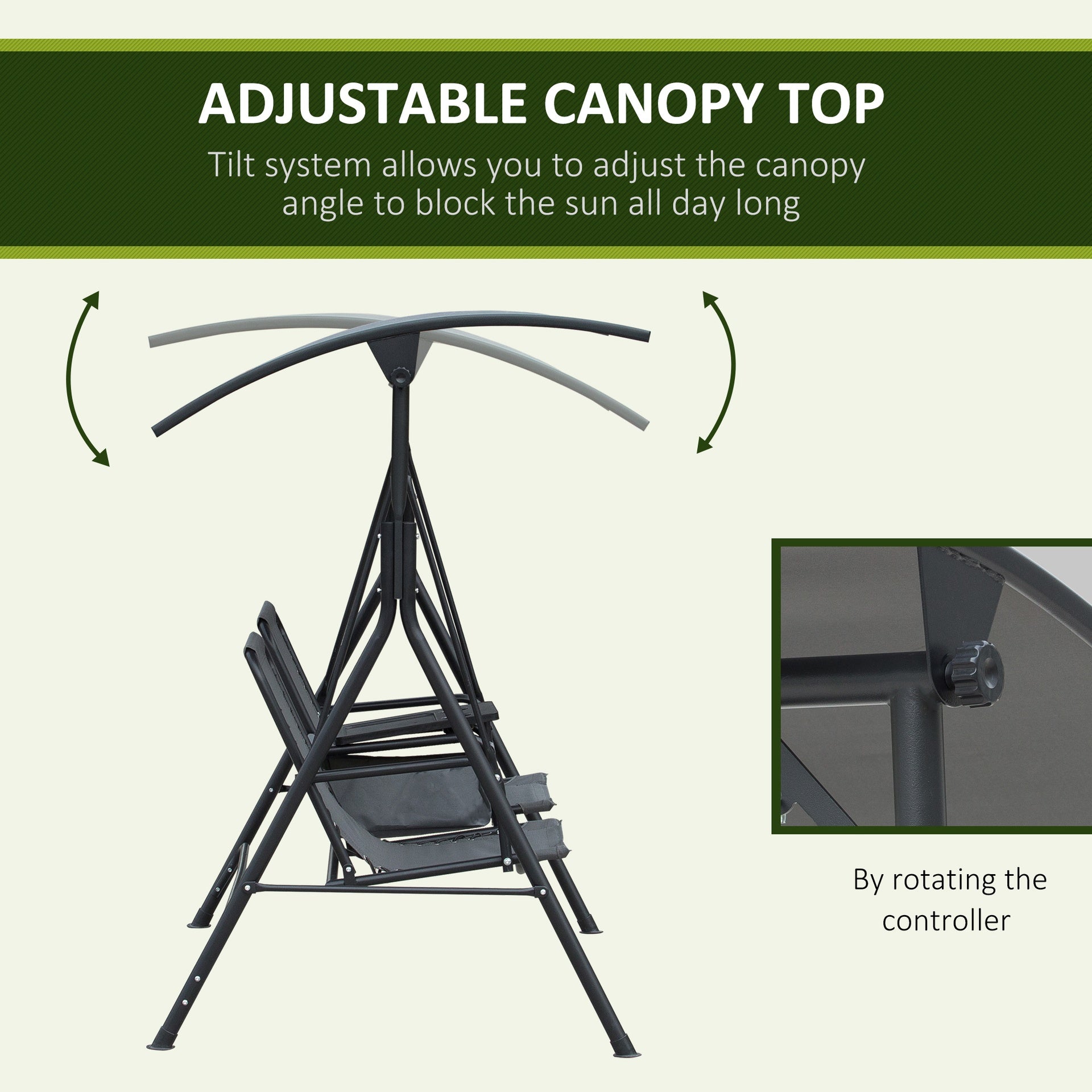 Outsunny 2-Seat Outdoor Porch Swing, with Pivot Storage Table, Cup Holder, & Adjustable Overhead Canopy, Stand's Skid-Resistant Feet Pad, Breathable Mesh Seat, Steel Frame, for Patio, Gray