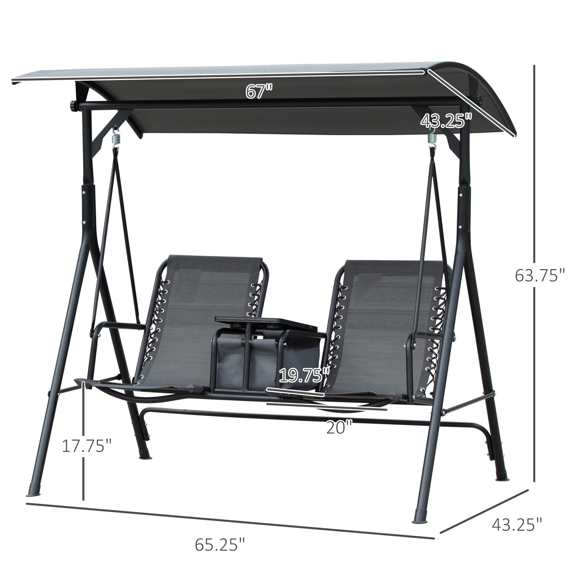 Outsunny 2-Seat Outdoor Porch Swing, with Pivot Storage Table, Cup Holder, & Adjustable Overhead Canopy, Stand's Skid-Resistant Feet Pad, Breathable Mesh Seat, Steel Frame, for Patio, Gray