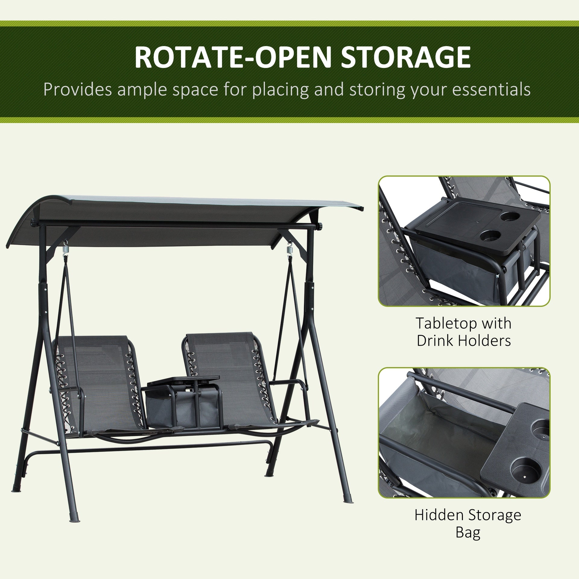 Outsunny 2-Seat Outdoor Porch Swing, with Pivot Storage Table, Cup Holder, & Adjustable Overhead Canopy, Stand's Skid-Resistant Feet Pad, Breathable Mesh Seat, Steel Frame, for Patio, Gray