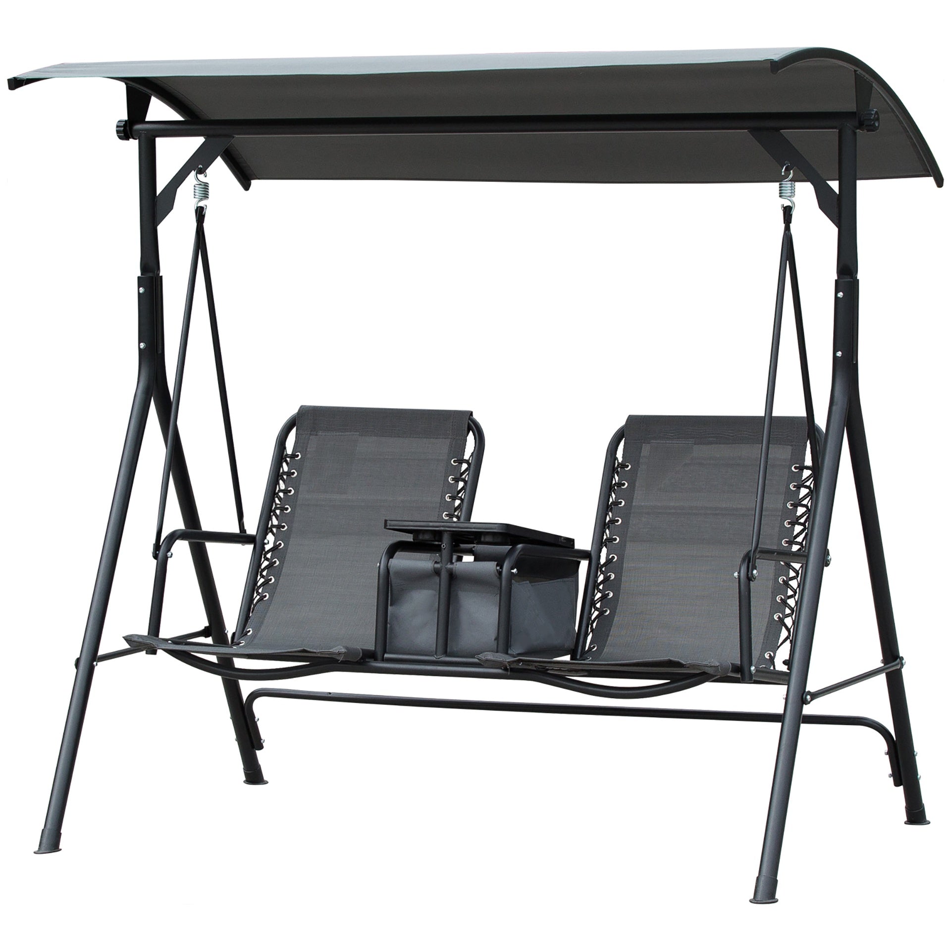 Outsunny 2-Seat Outdoor Porch Swing, with Pivot Storage Table, Cup Holder, & Adjustable Overhead Canopy, Stand's Skid-Resistant Feet Pad, Breathable Mesh Seat, Steel Frame, for Patio, Gray