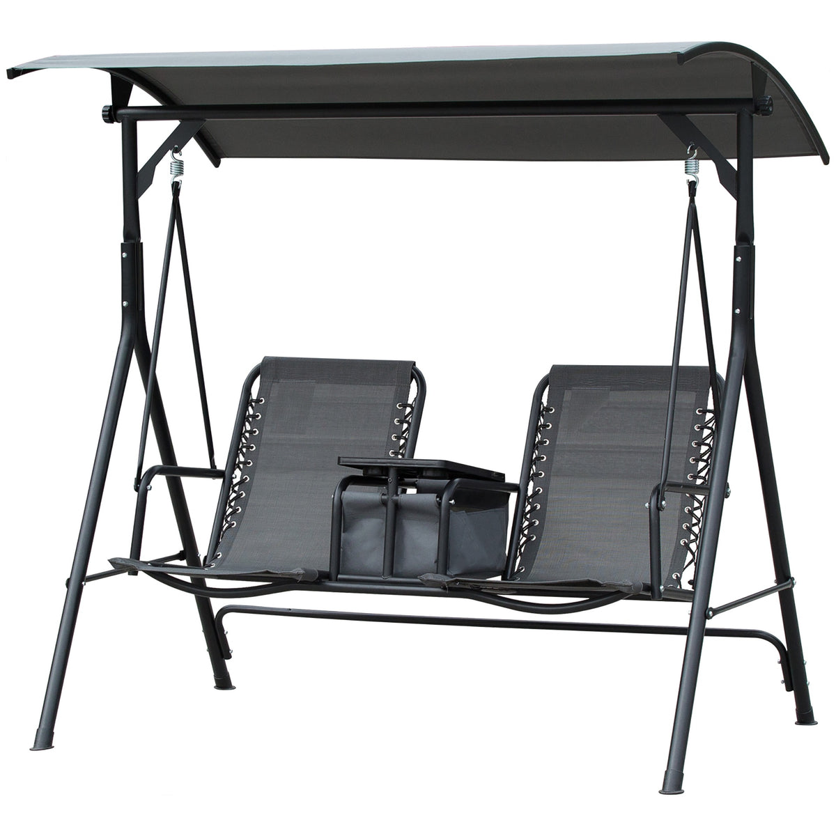 Outsunny 2-Seat Outdoor Porch Swing, with Pivot Storage Table, Cup Holder, & Adjustable Overhead Canopy, Stand's Skid-Resistant Feet Pad, Breathable Mesh Seat, Steel Frame, for Patio, Gray