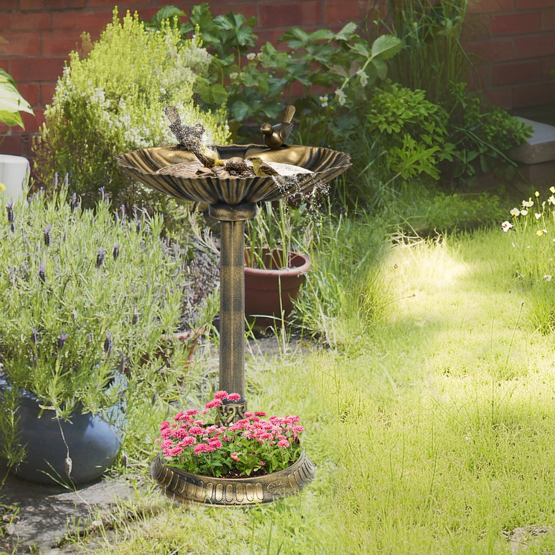 Outsunny 32" Antique Bird Bath Decorative Birdbath Bird Feeder Bowl with Planter Pedestal and Bird Statues, Bronze