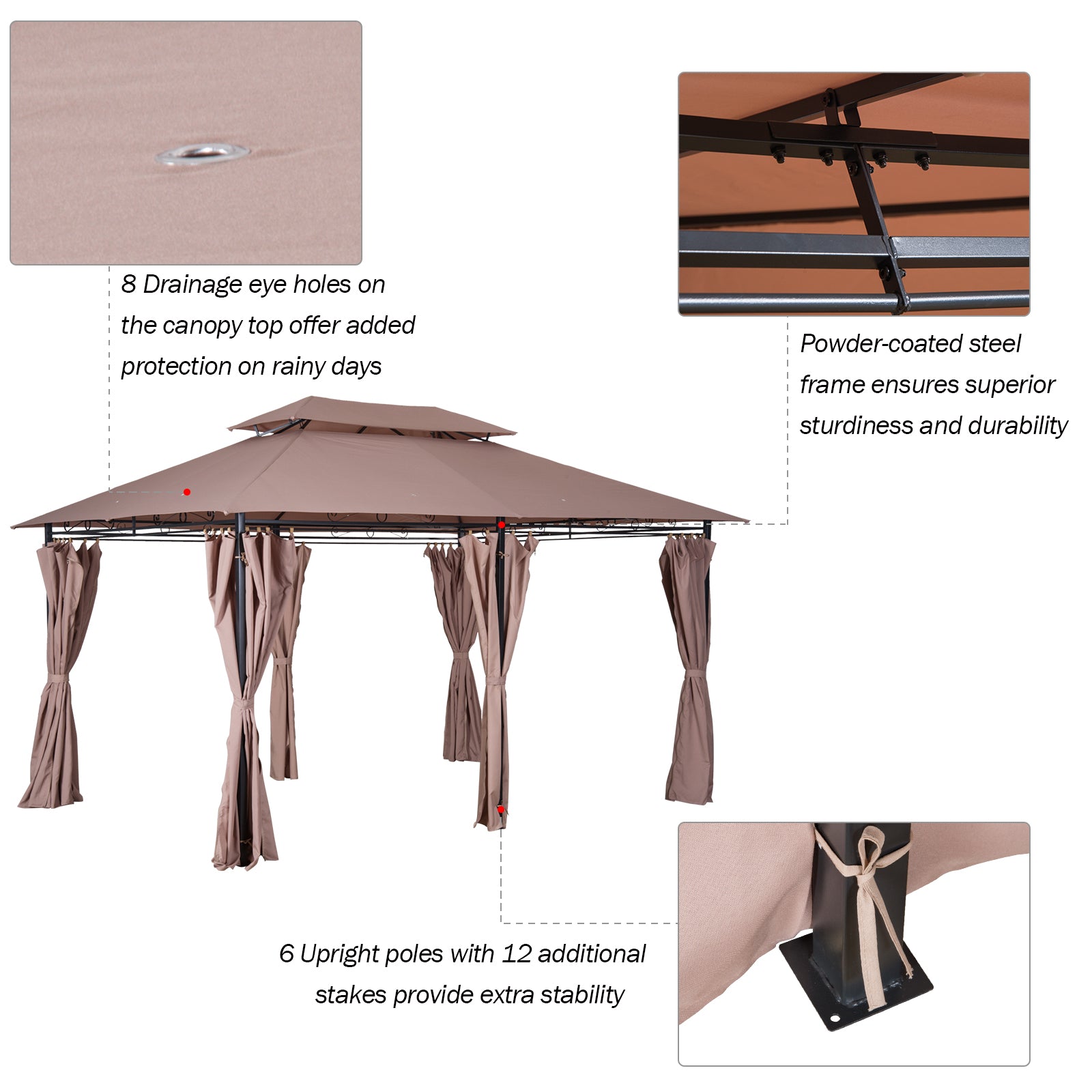 Outsunny 10' x 13' Patio Gazebo, Outdoor Gazebo Canopy Shelter with Curtains, Vented Roof, Steel Frame for Garden, Lawn, Backyard and Deck, Khaki