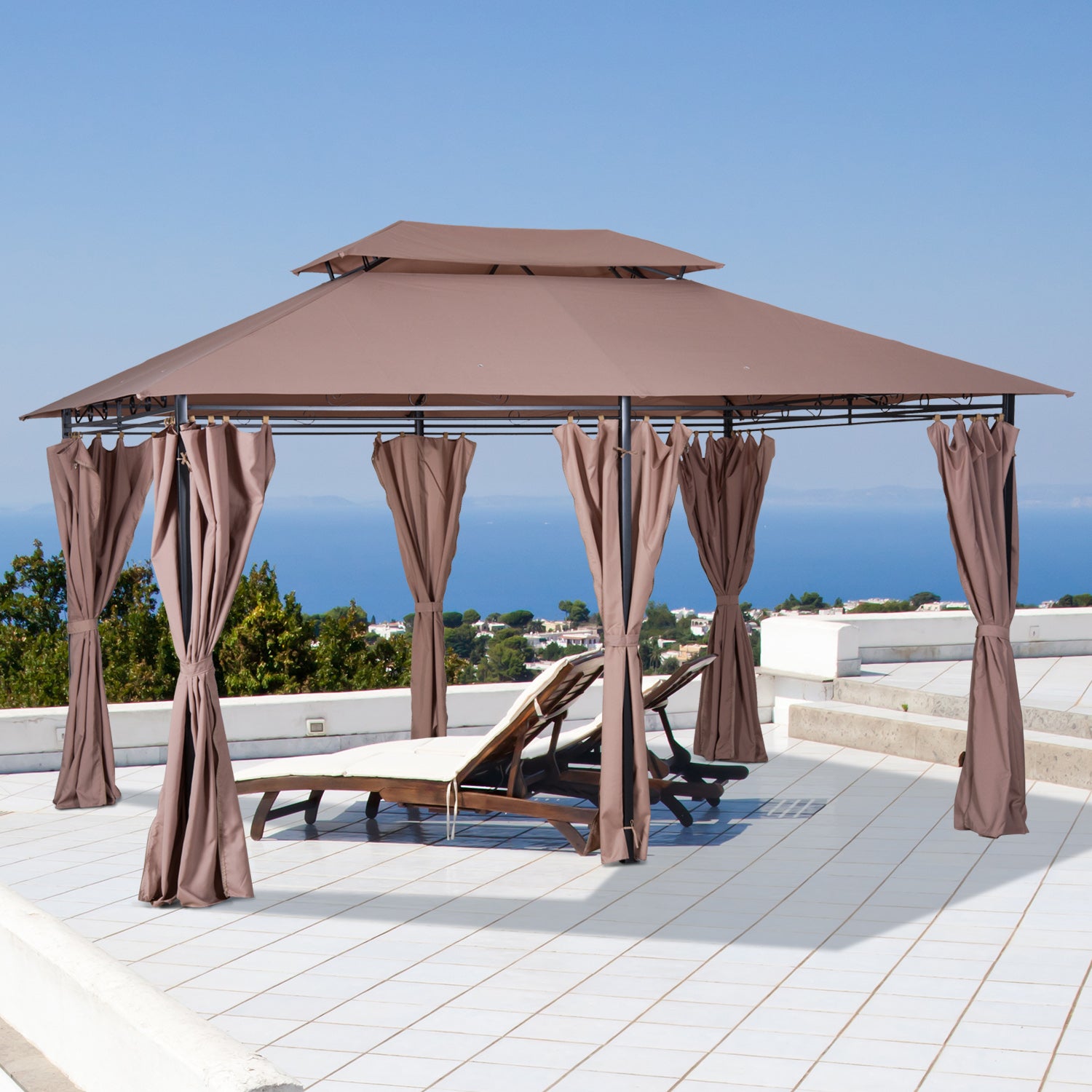 Outsunny 10' x 13' Patio Gazebo, Outdoor Gazebo Canopy Shelter with Curtains, Vented Roof, Steel Frame for Garden, Lawn, Backyard and Deck, Khaki