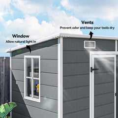Outsunny 8' x 4' Plastic Outdoor Storage Shed with Floor, Window, Lockable Doors and Vents for Backyard Patio Lawn, Gray