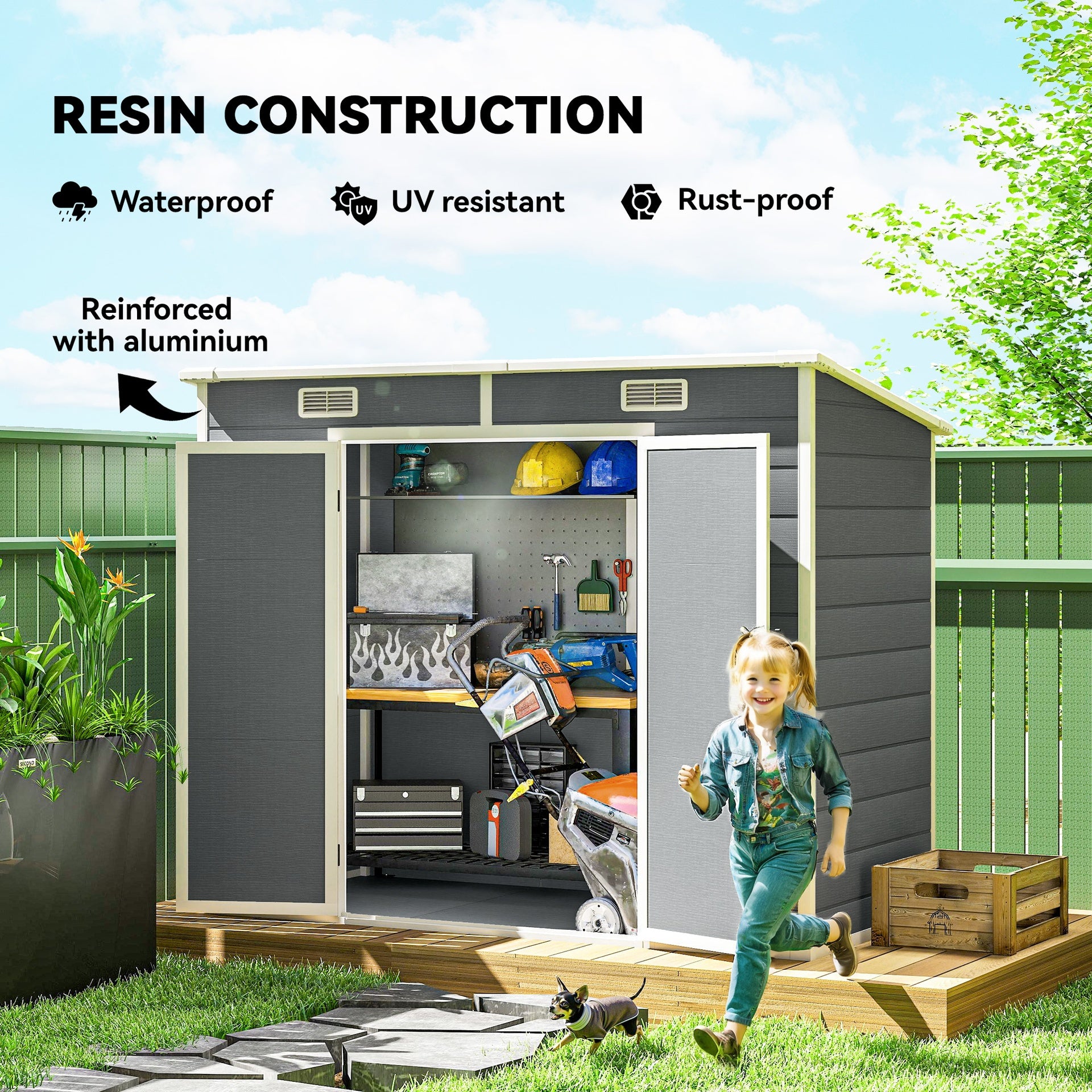 Outsunny 8' x 4' Plastic Outdoor Storage Shed with Floor, Window, Lockable Doors and Vents for Backyard Patio Lawn, Gray