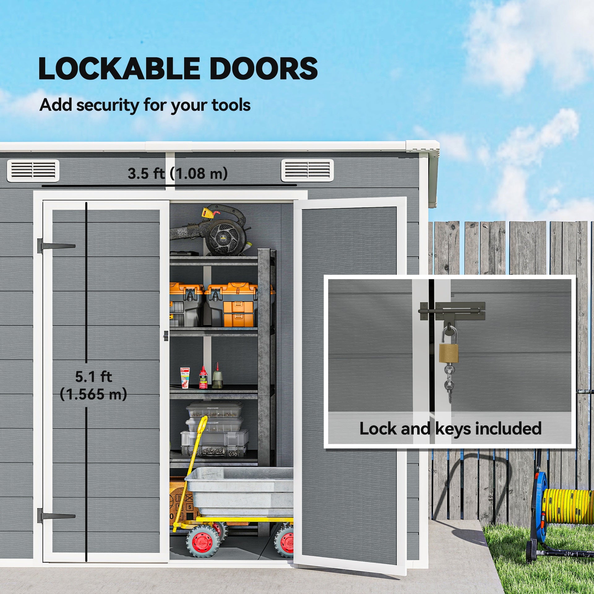 Outsunny 8' x 4' Plastic Outdoor Storage Shed with Floor, Window, Lockable Doors and Vents for Backyard Patio Lawn, Gray