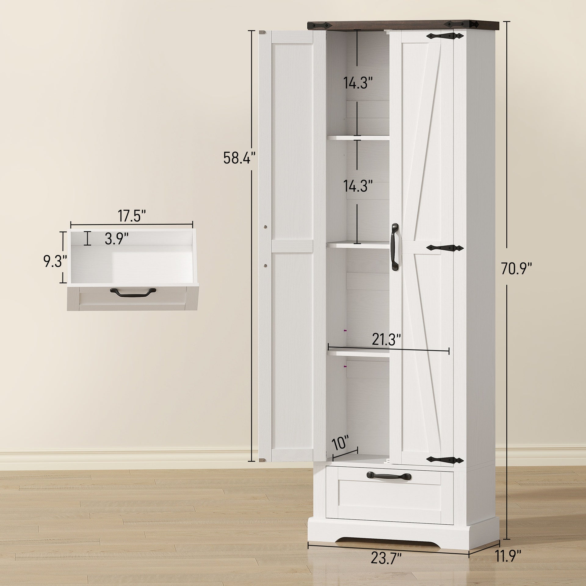 HOMCOM 71" Pantry Cabinet, Kitchen Storage Cabinet with Adjustable Shelves, Barn Doors and Drawer for Dining Room, White