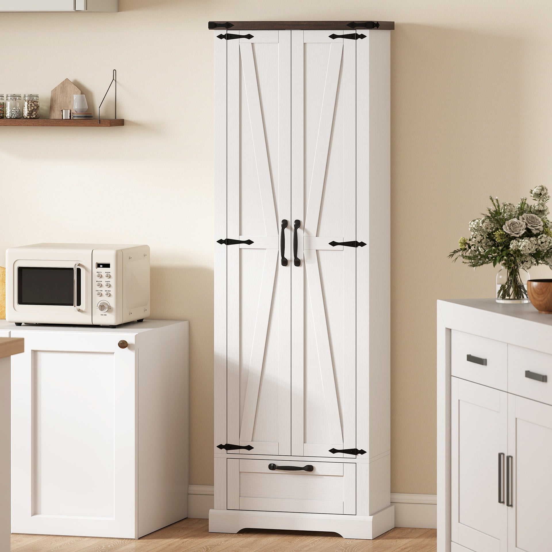 HOMCOM 71" Pantry Cabinet, Kitchen Storage Cabinet with Adjustable Shelves, Barn Doors and Drawer for Dining Room, White