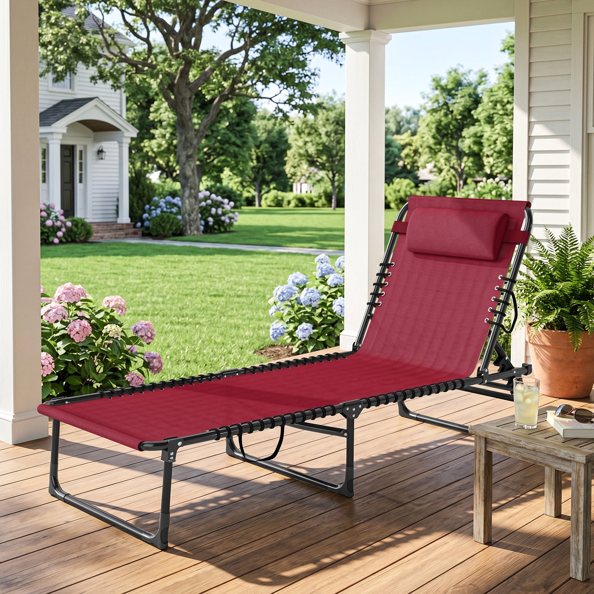 Outsunny Folding Chaise Lounge Pool Chair with 4-Position Reclining Back, Pillow, Breathable Mesh & Bungee Seat, Wine Red