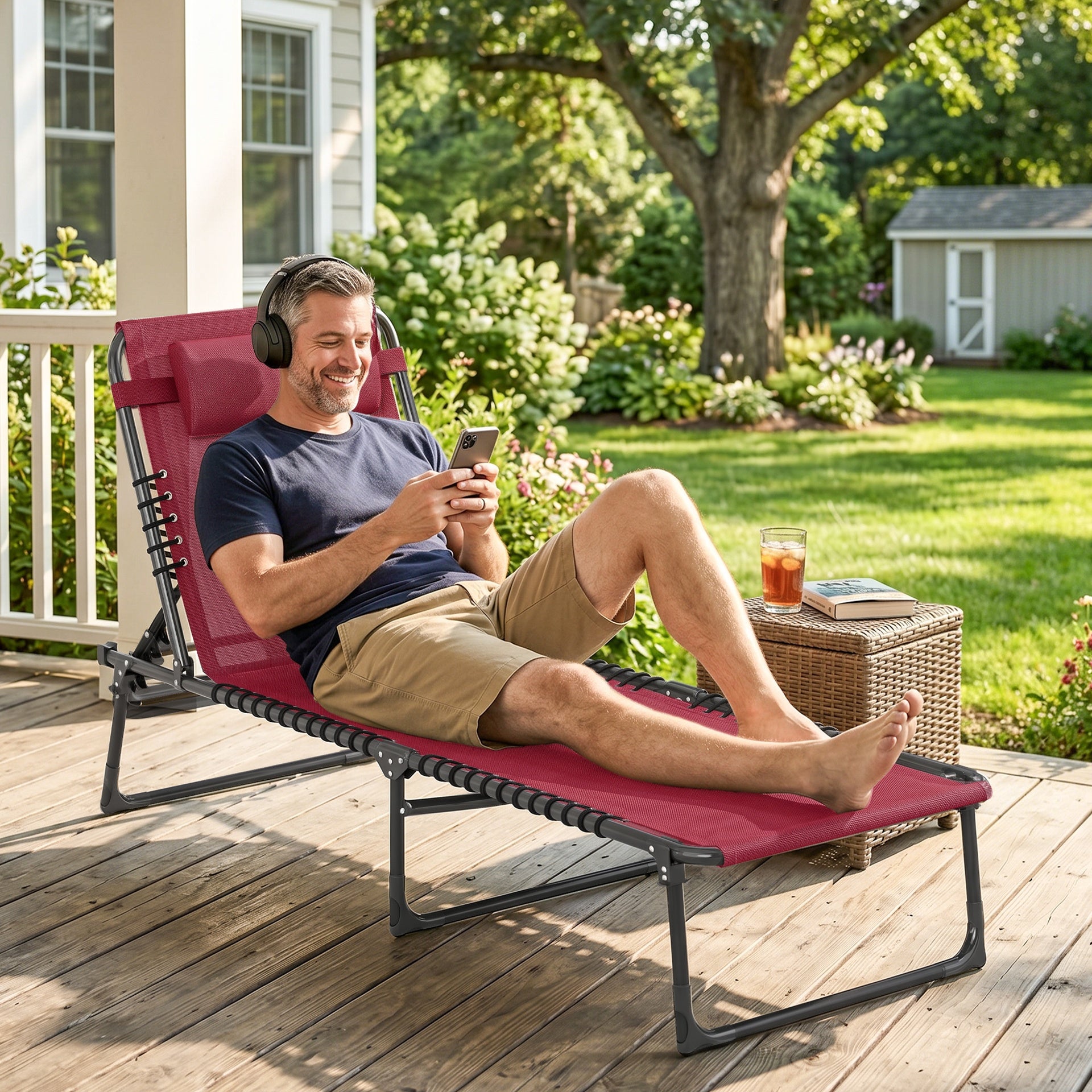 Outsunny Folding Chaise Lounge Pool Chair with 4-Position Reclining Back, Pillow, Breathable Mesh & Bungee Seat, Wine Red