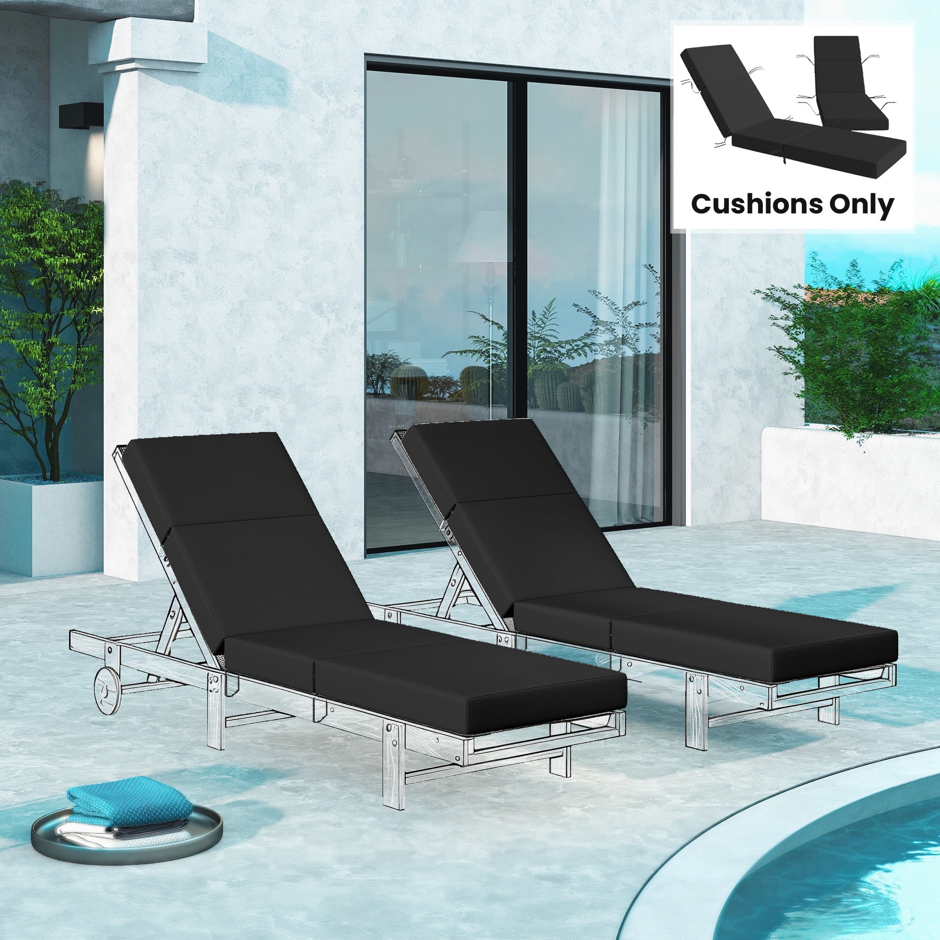 Outsunny Set of 2 Chaise Lounge Cushion, 4" Thick Outdoor Lounge Chair Cushions with Ties for Patio, 21" x 72", Gray