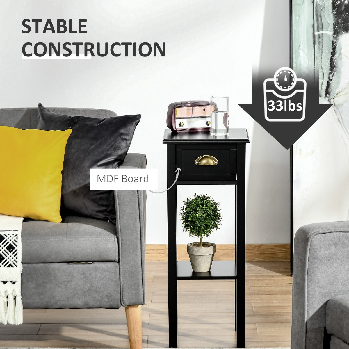 HOMCOM 2-Tier Side Table with Drawer Shelf, End Table for Living Room Hallway, Black