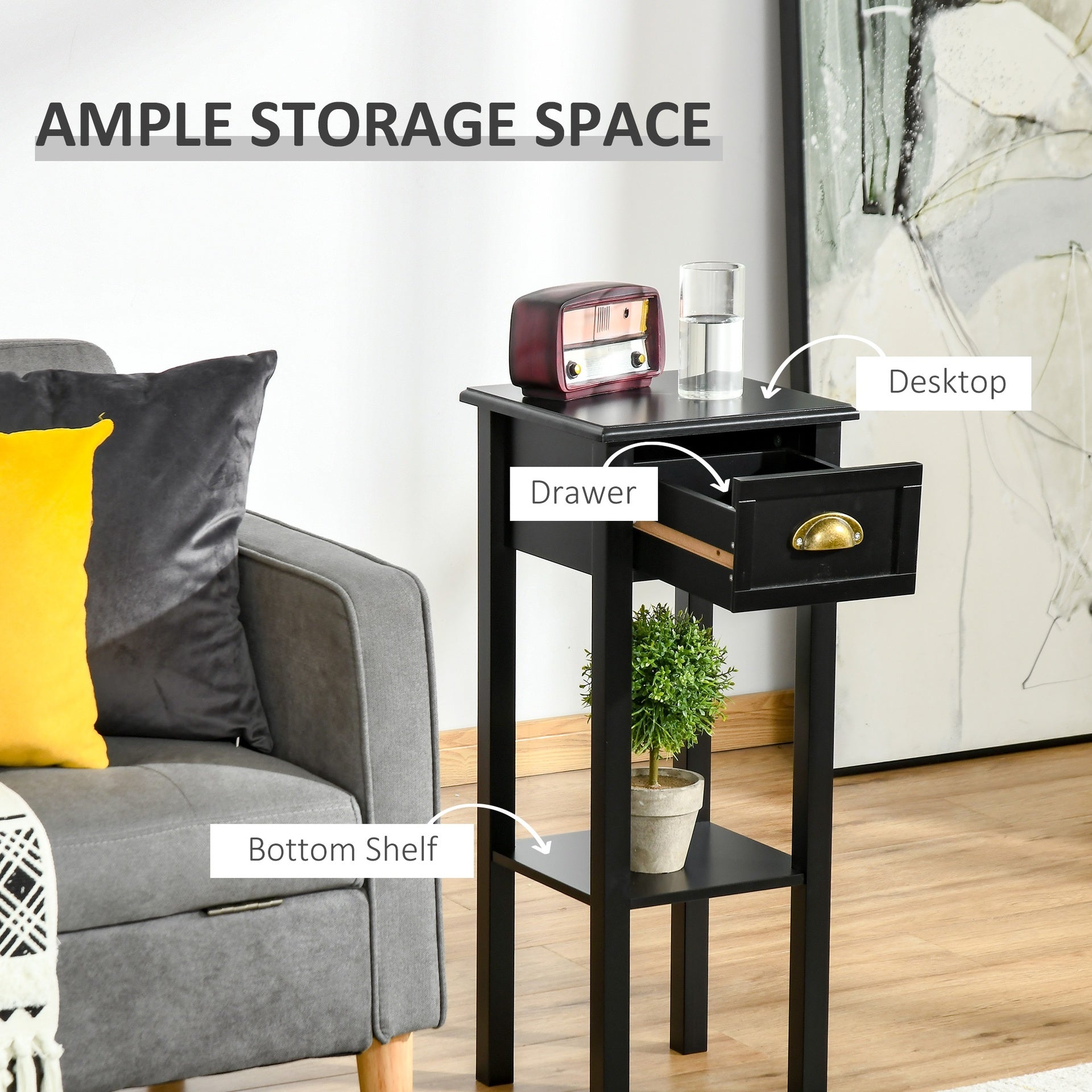 HOMCOM 2-Tier Side Table with Drawer Shelf, End Table for Living Room Hallway, Black