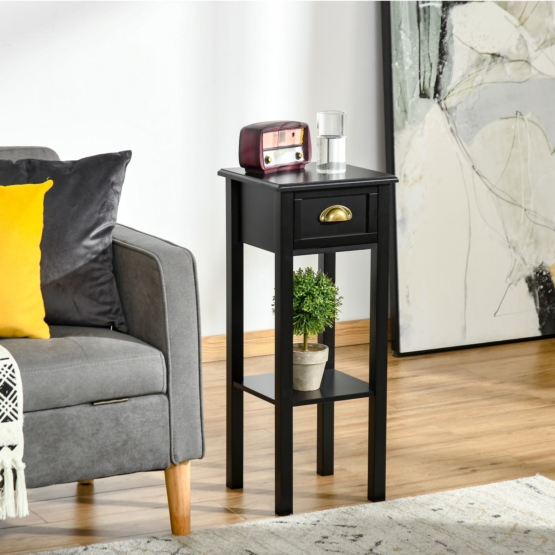 HOMCOM 2-Tier Side Table with Drawer Shelf, End Table for Living Room Hallway, Black