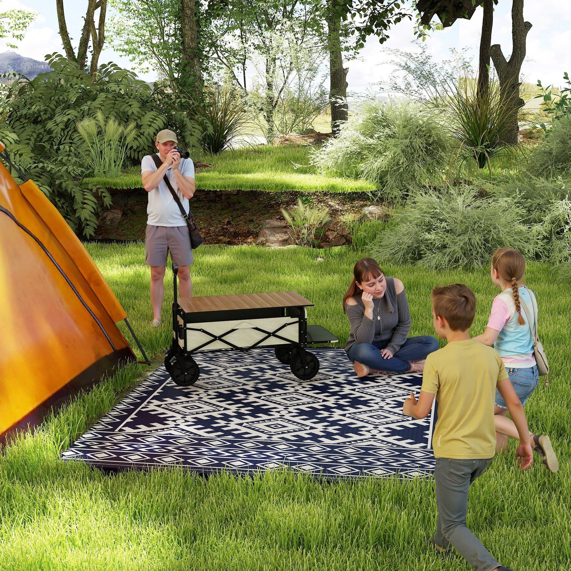Outsunny Reversible Outdoor Rug, Waterproof Plastic Straw with Carry Bag, 8' x 10', Blue & White Rhombus Border