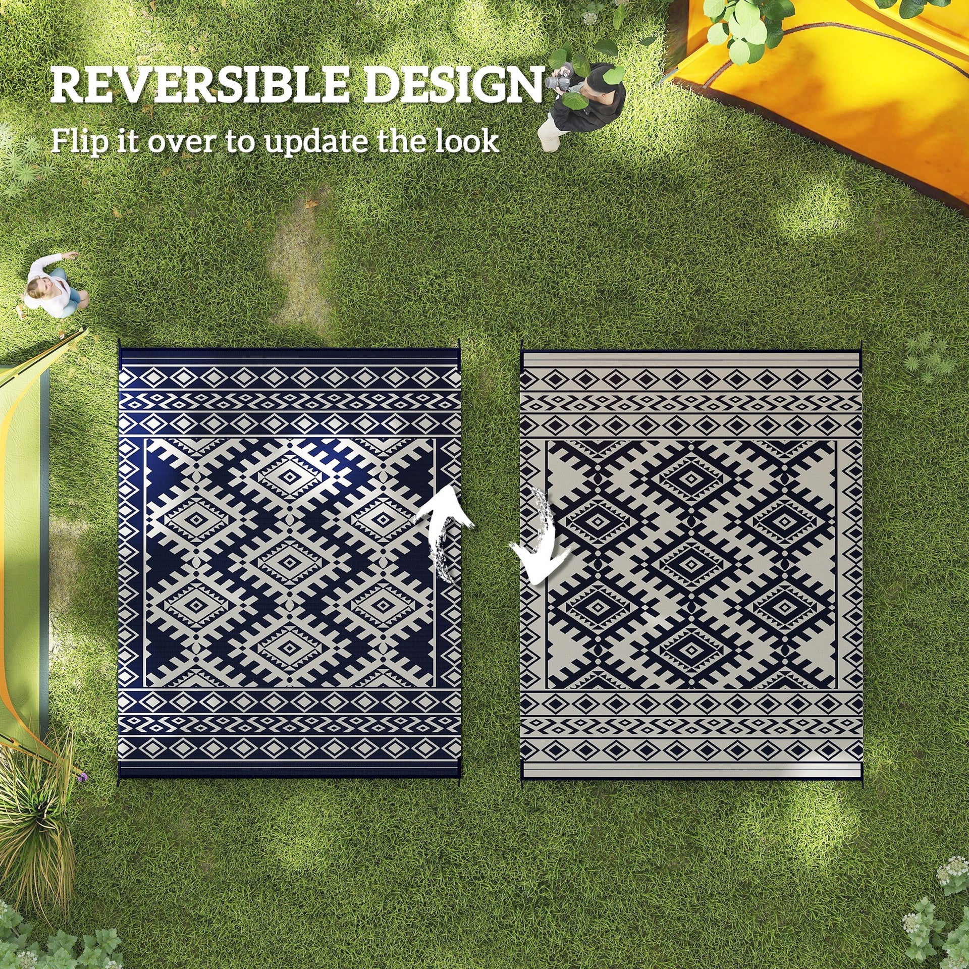 Outsunny Reversible Outdoor Rug, Waterproof Plastic Straw with Carry Bag, 8' x 10', Blue & White Rhombus Border