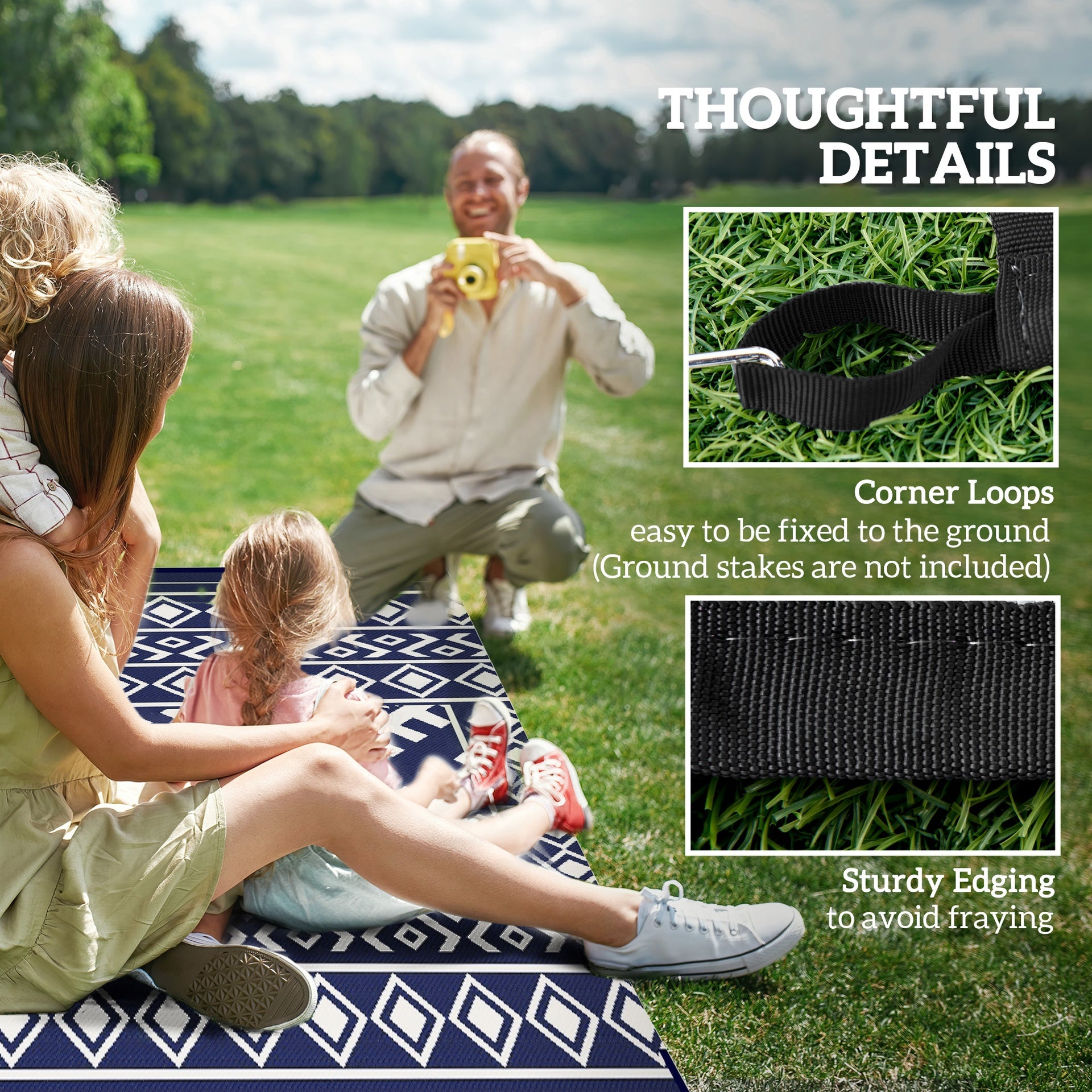 Outsunny Reversible Outdoor Rug, Waterproof Plastic Straw with Carry Bag, 8' x 10', Blue & White Rhombus Border