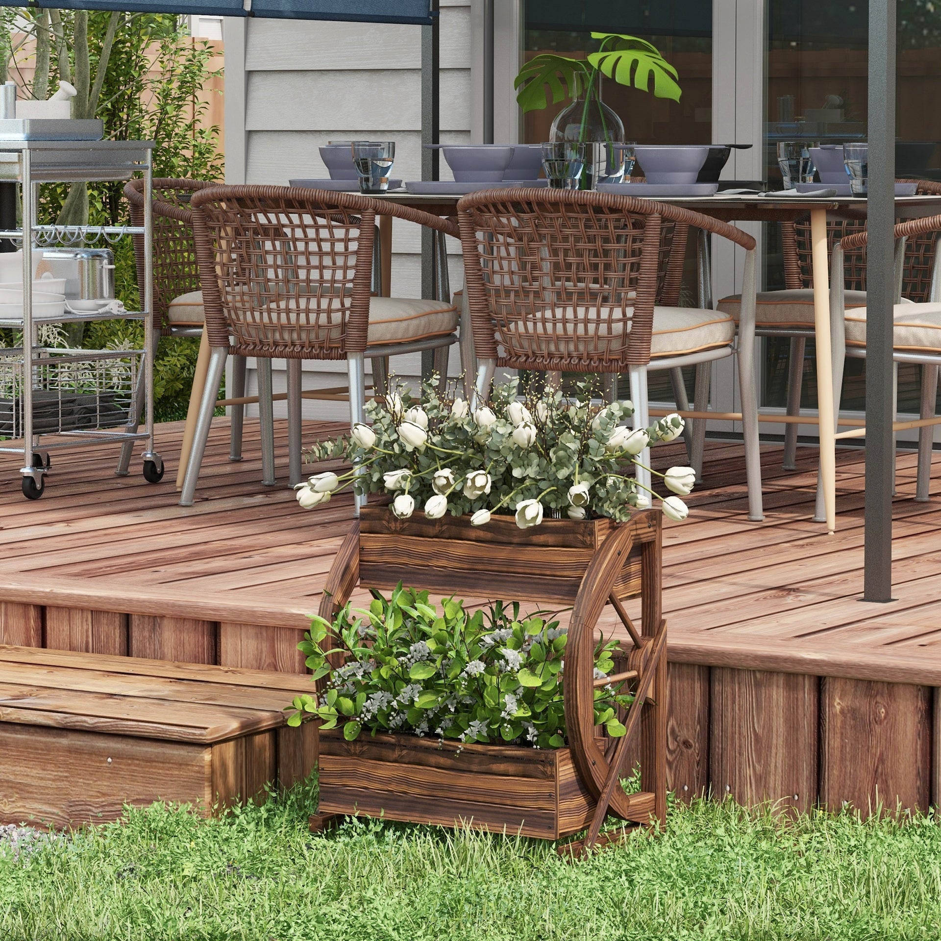 Outsunny Wooden Wagon Planter Box, 2-Tier Raised Garden Bed, for Vegetables Flowers Herbs, 22" x 13" x 22"