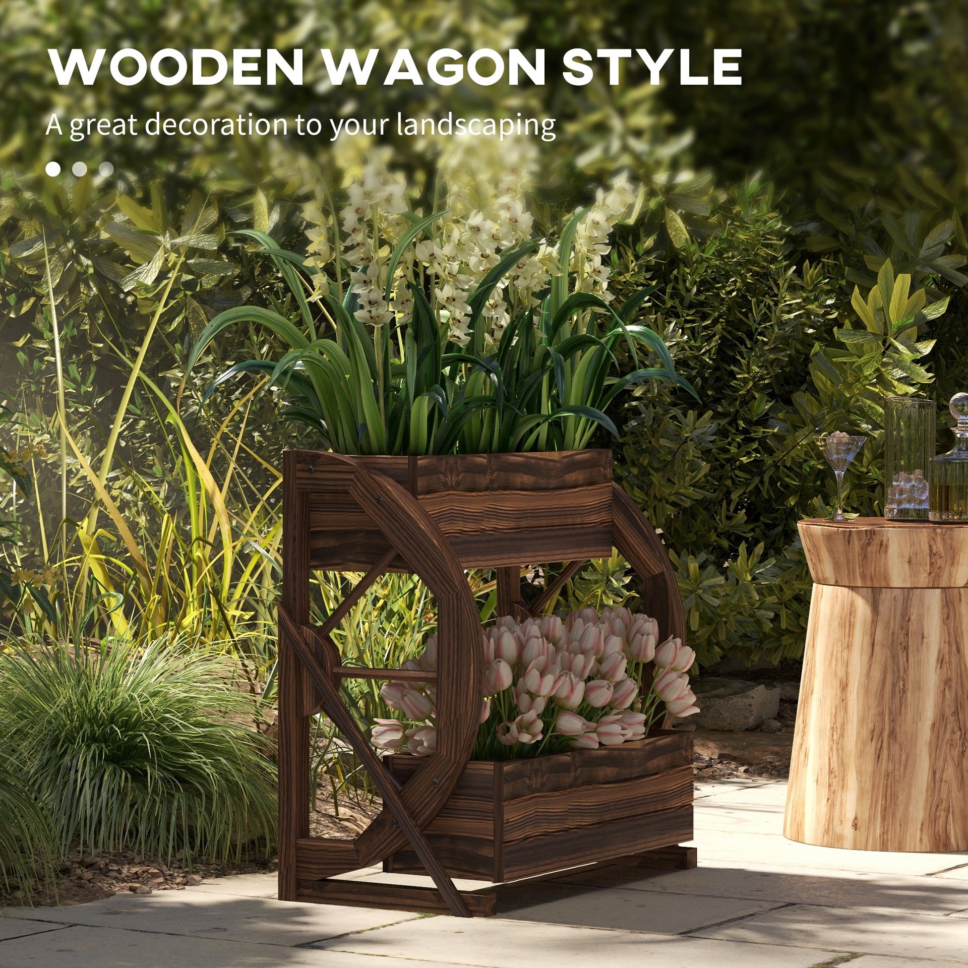 Outsunny Wooden Wagon Planter Box, 2-Tier Raised Garden Bed, for Vegetables Flowers Herbs, 22" x 13" x 22"