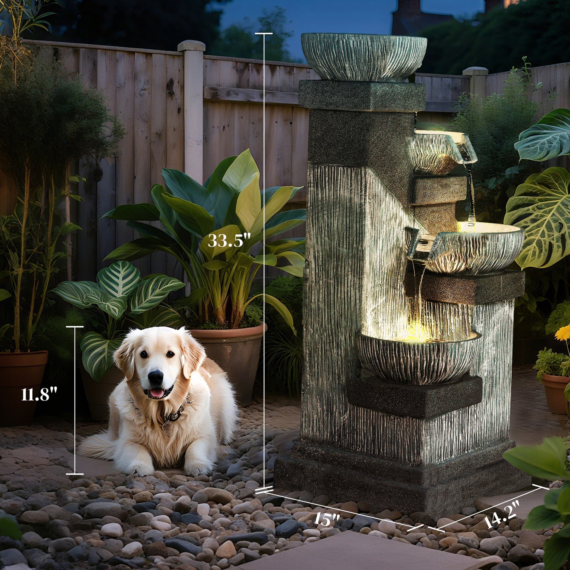 Outsunny 33.5" Water Fountain, 4-Tier Resin Cascading Bowls Outdoor Waterfall Fountain with LED Lights, Pump