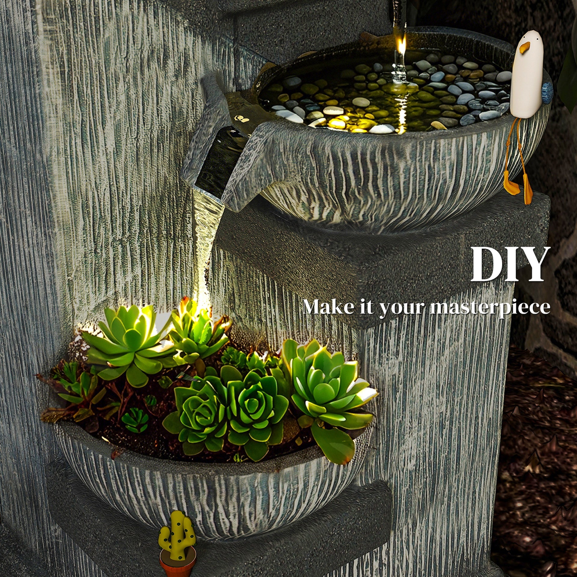 Outsunny 33.5" Water Fountain, 4-Tier Resin Cascading Bowls Outdoor Waterfall Fountain with LED Lights, Pump