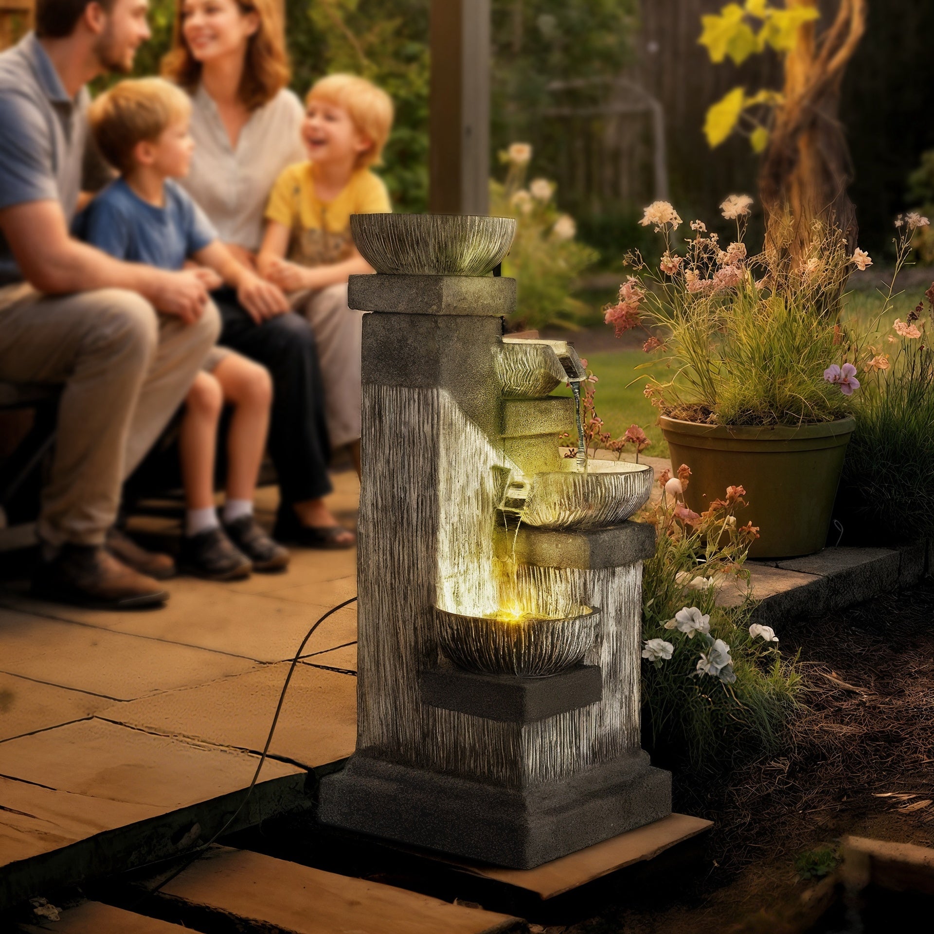 Outsunny 33.5" Water Fountain, 4-Tier Resin Cascading Bowls Outdoor Waterfall Fountain with LED Lights, Pump