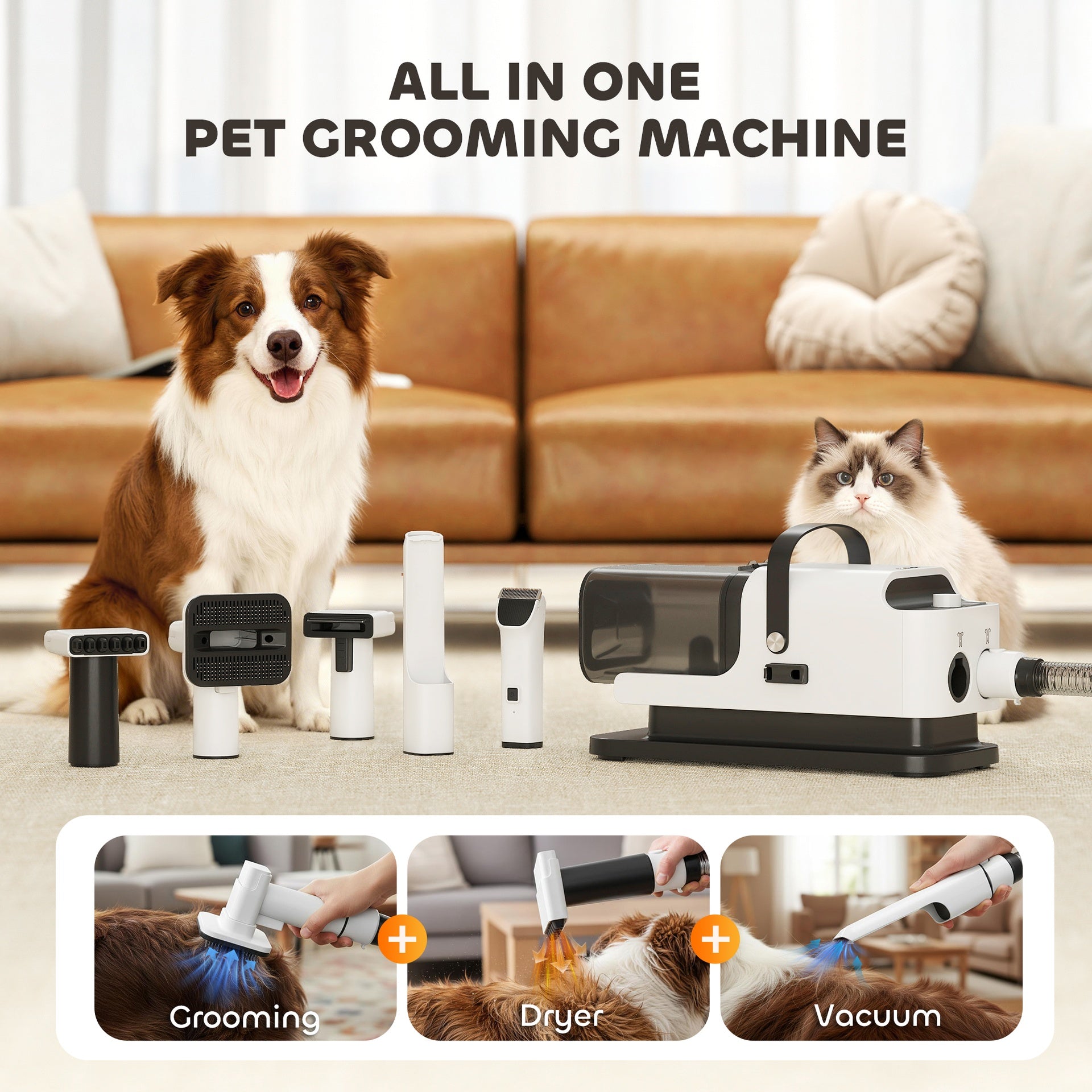 PawHut 5 in 1 Dog Grooming Vacuum & Dryer w/ Clipper, 50dB Low Noise, Adjustable Speed & Temp, 1.8L Canister