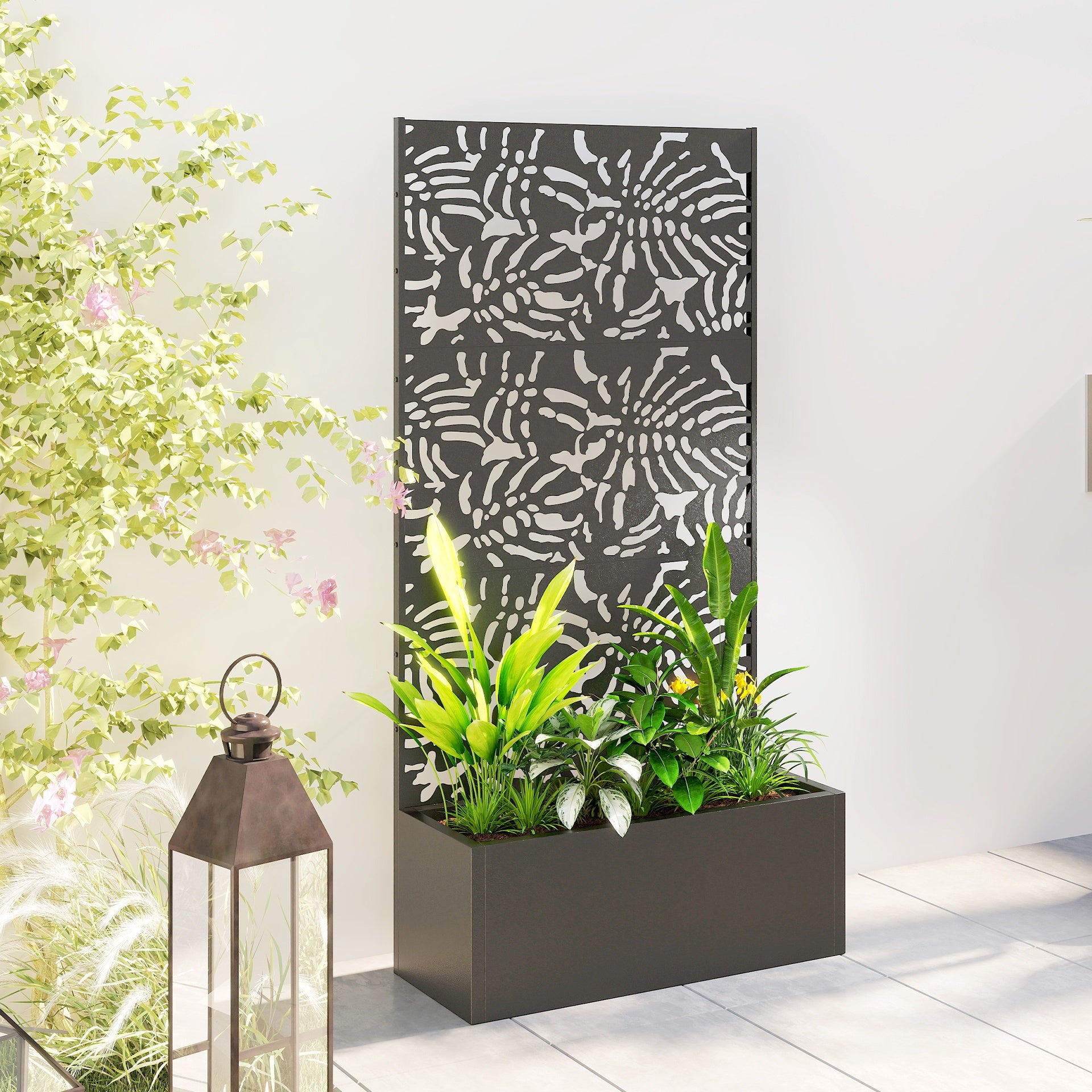 Outsunny Metal Planter Box with Trellis, 71" Tall Raised Garden Bed with Privacy Screen and Drainage Holes, Banana-Leaf Cut-Outs