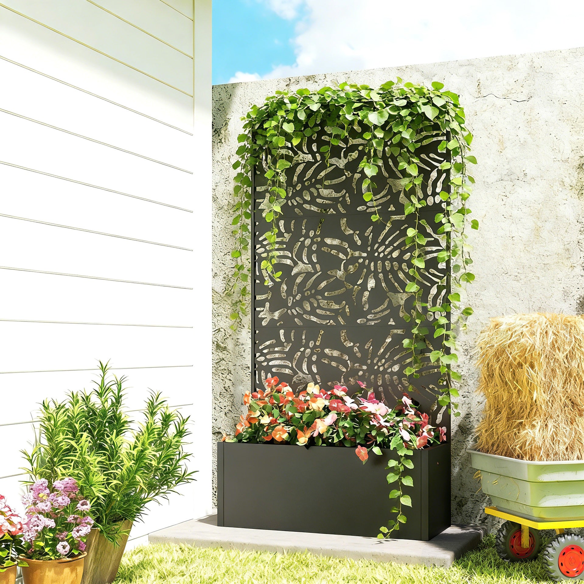 Outsunny Metal Planter Box with Trellis, 71" Tall Raised Garden Bed with Privacy Screen and Drainage Holes, Banana-Leaf Cut-Outs