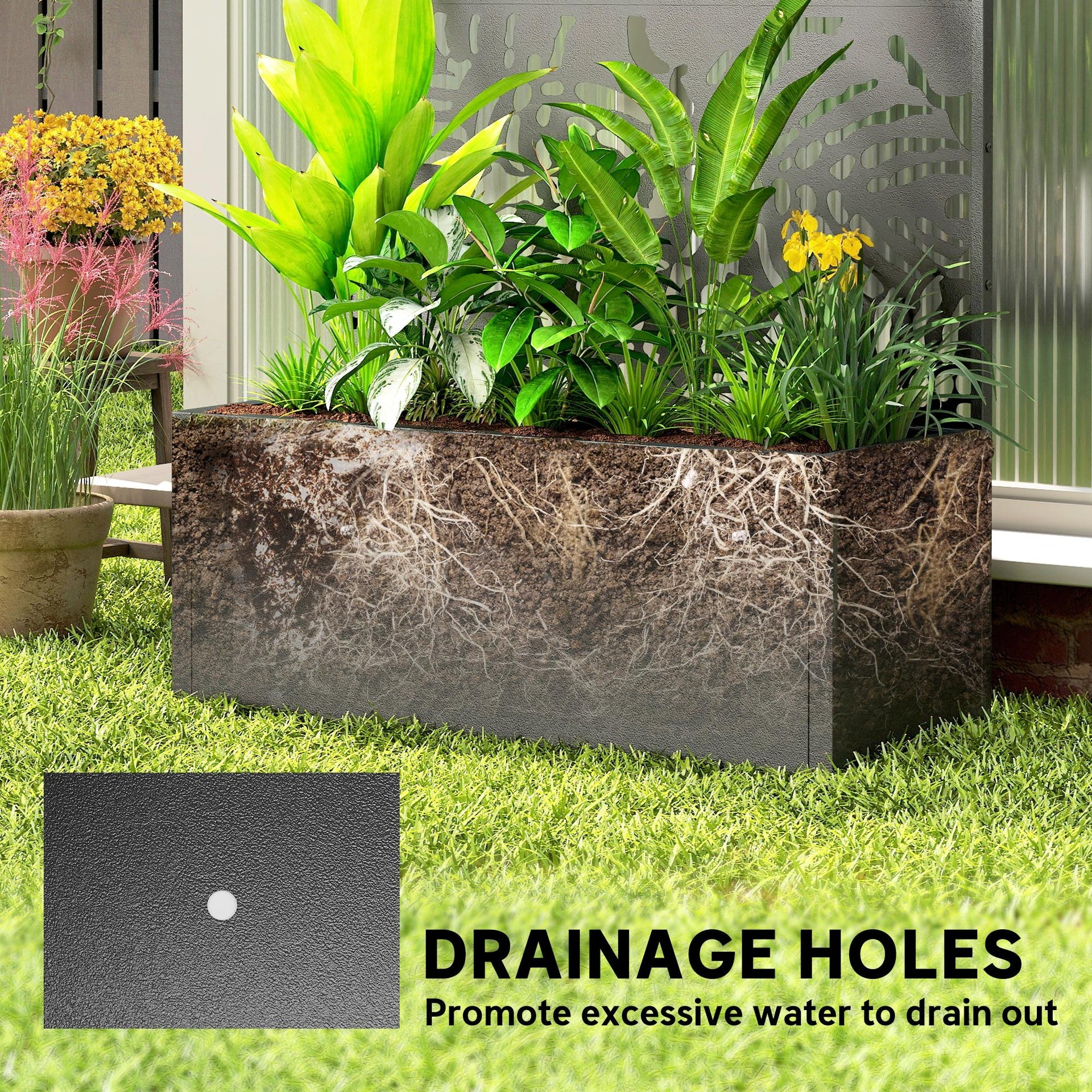 Outsunny Metal Planter Box with Trellis, 71" Tall Raised Garden Bed with Privacy Screen and Drainage Holes, Banana-Leaf Cut-Outs