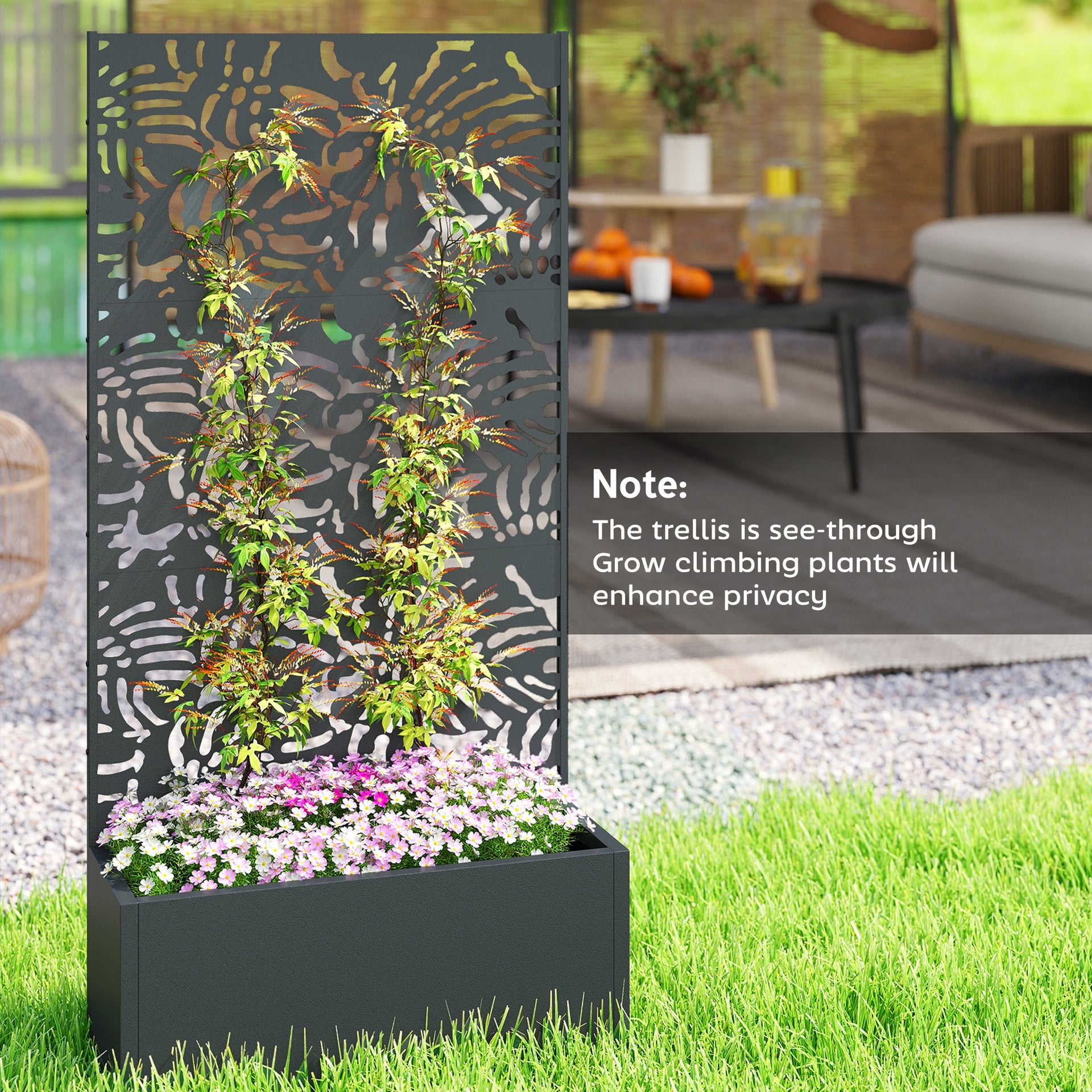 Outsunny Metal Planter Box with Trellis, 71" Tall Raised Garden Bed with Privacy Screen and Drainage Holes, Banana-Leaf Cut-Outs