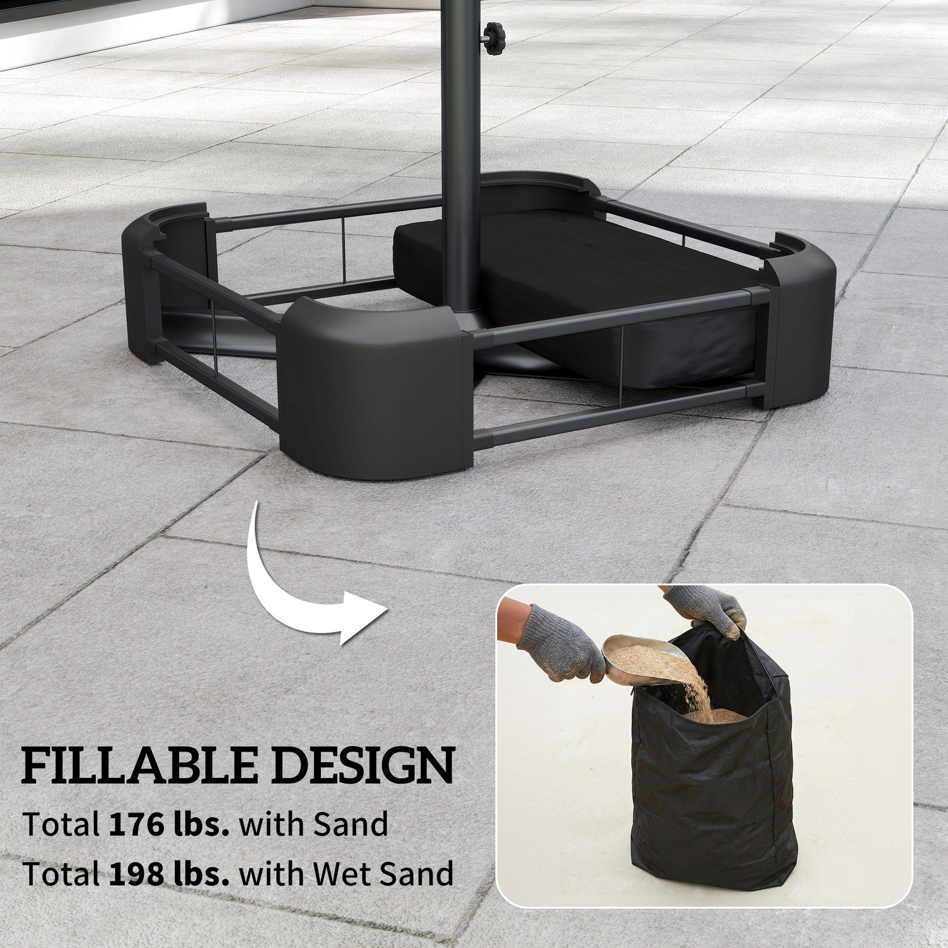 Outsunny Garden Parasol Base 176 lbs Sand Filled Heavy Duty Stand for Cantilever Umbrellas and 1.9" Poles Black