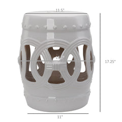 Outsunny 14" x 17" Ceramic Garden Stool with Double-Coin Knotted Ring Design & Strong Glazed Material, Decorative Outdoor Stool, Home Collection, White
