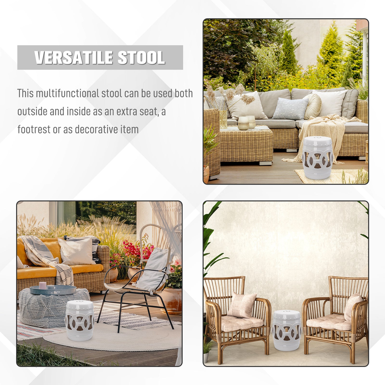 Outsunny 14" x 17" Ceramic Garden Stool with Double-Coin Knotted Ring Design & Strong Glazed Material, Decorative Outdoor Stool, Home Collection, White