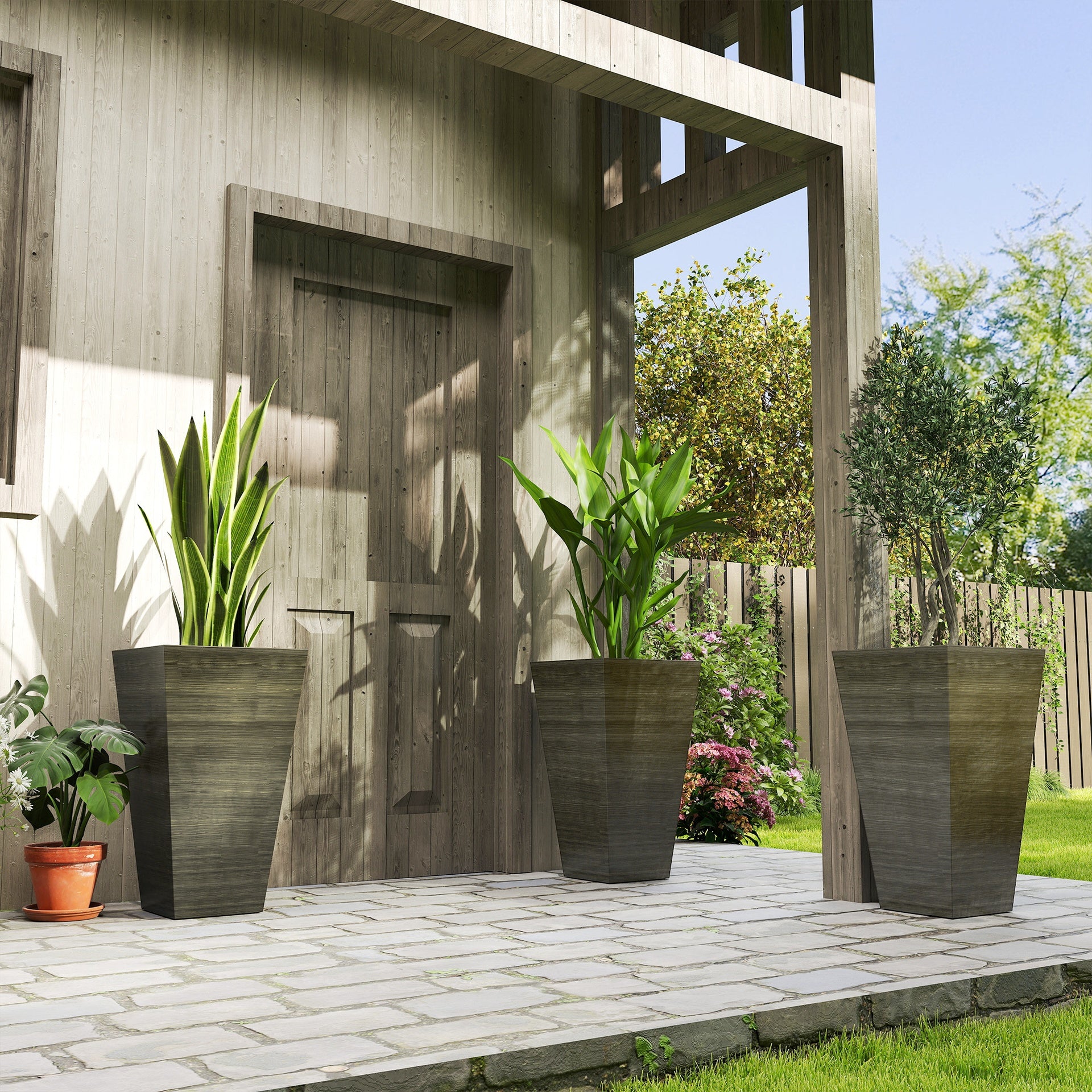 Outsunny Set of 3 Tall Planters, 28" Outdoor Planter w/ Drainage Holes, Faux Wood Plastic Flower Pots, Dark Brown