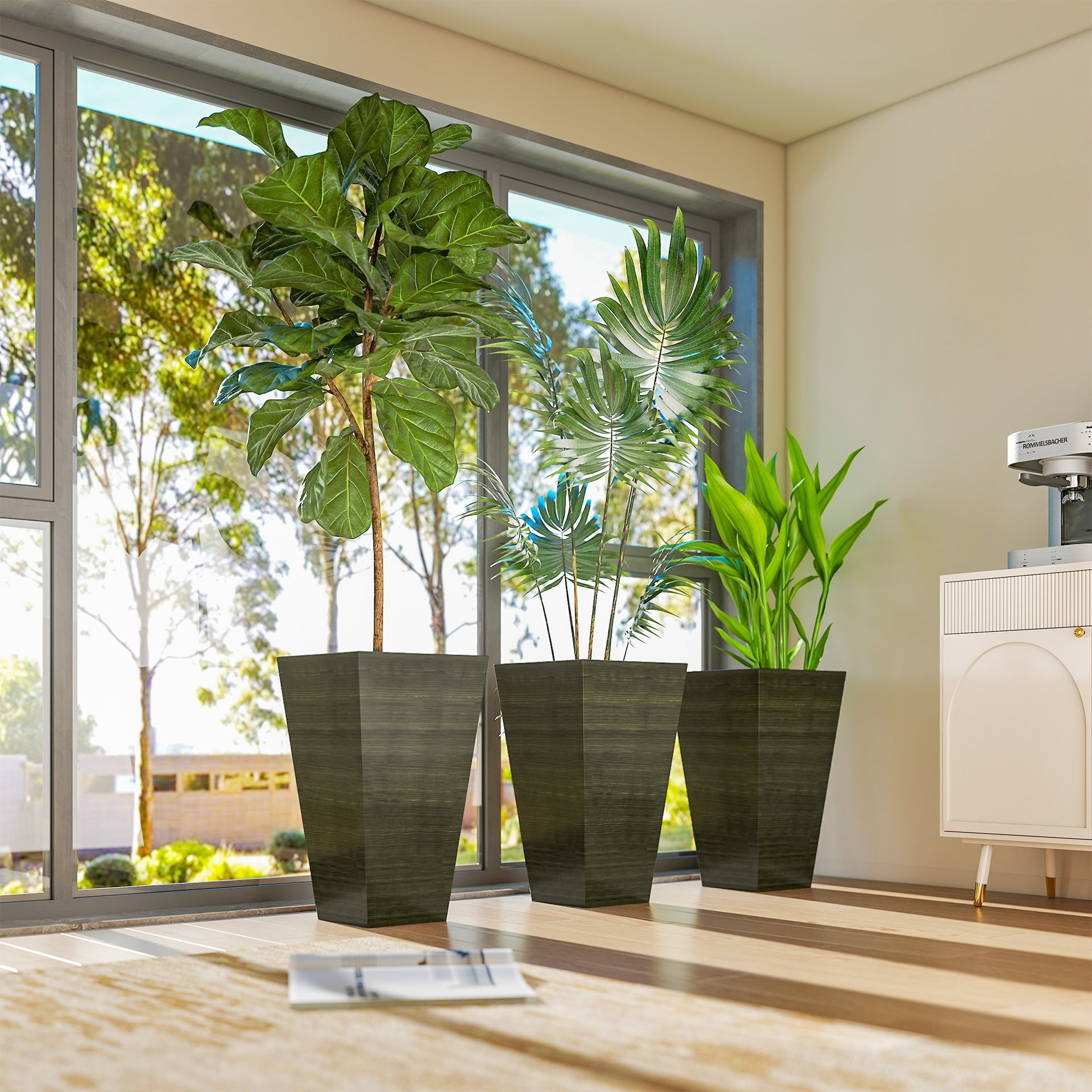 Outsunny Set of 3 Tall Planters, 28" Outdoor Planter w/ Drainage Holes, Faux Wood Plastic Flower Pots, Dark Brown