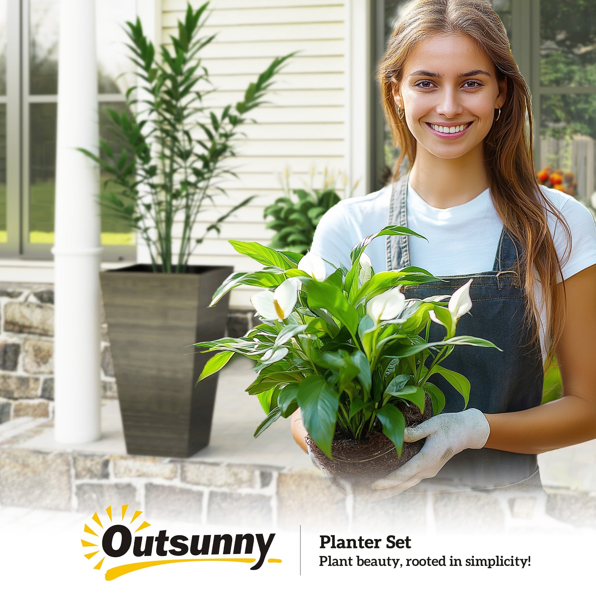 Outsunny Set of 3 Tall Planters, 28" Outdoor Planter w/ Drainage Holes, Faux Wood Plastic Flower Pots, Dark Brown
