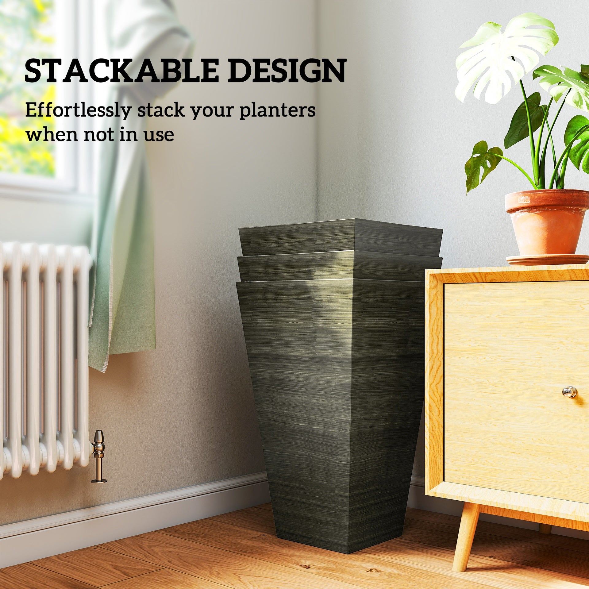 Outsunny Set of 3 Tall Planters, 28" Outdoor Planter w/ Drainage Holes, Faux Wood Plastic Flower Pots, Dark Brown