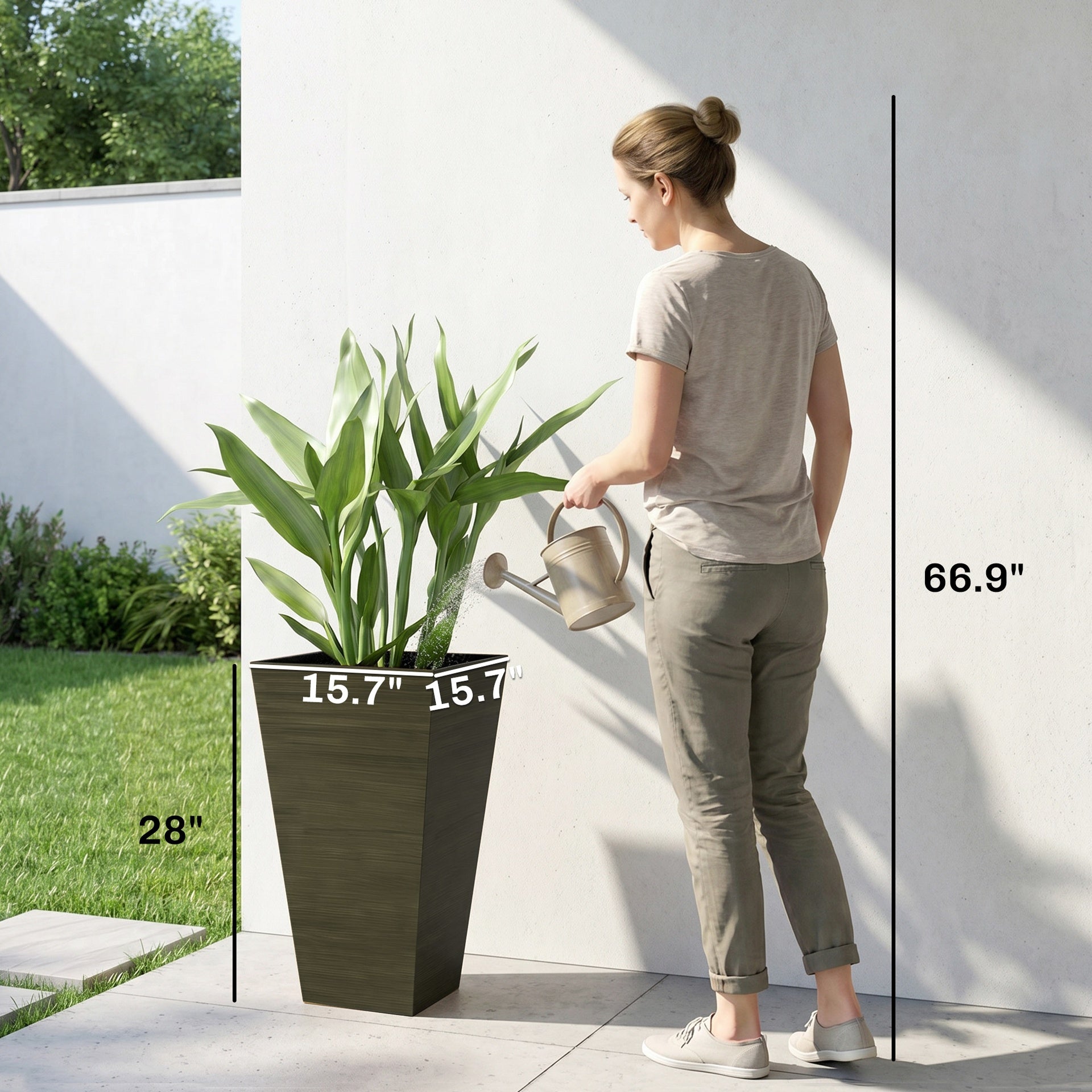 Outsunny Set of 3 Tall Planters, 28" Outdoor Planter w/ Drainage Holes, Faux Wood Plastic Flower Pots, Dark Brown