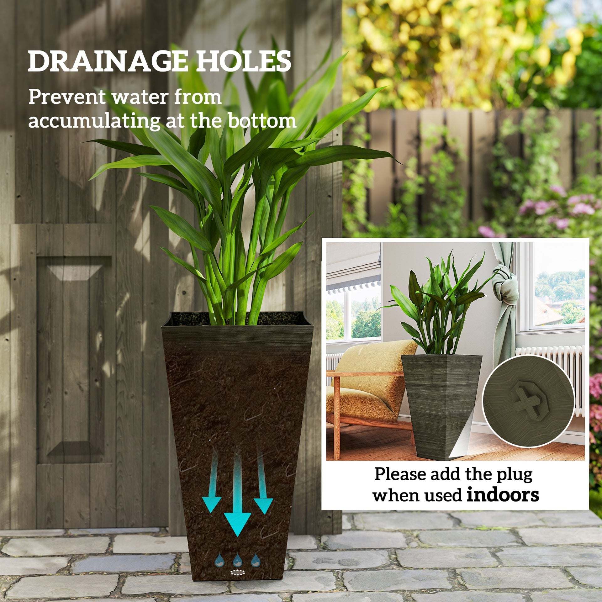 Outsunny Set of 3 Tall Planters, 28" Outdoor Planter w/ Drainage Holes, Faux Wood Plastic Flower Pots, Dark Brown