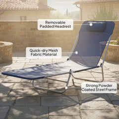 Outsunny Folding Chaise Lounge Chair, Pool Sun Tanning Chair, Outdoor Lounge Chair with Reclining Back, Breathable Mesh Seat, Headrest for Beach, Yard, Patio, Dark Blue