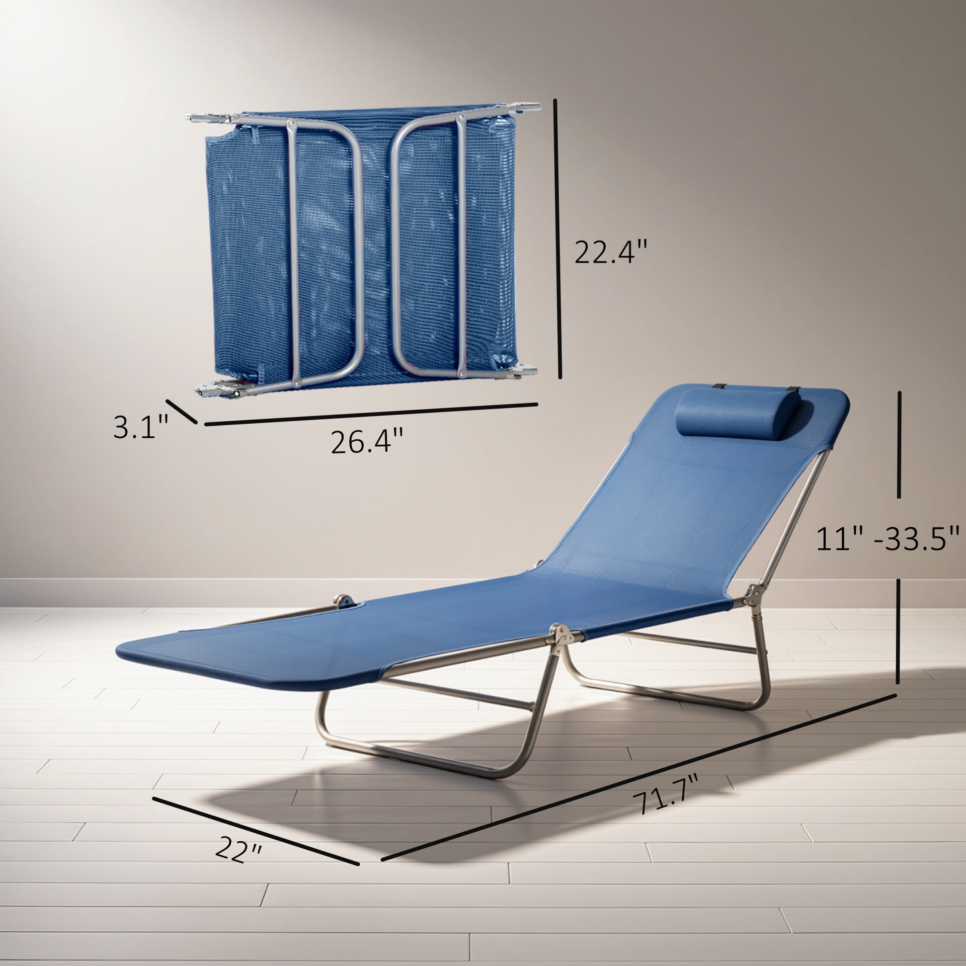 Outsunny Folding Chaise Lounge Chair, Pool Sun Tanning Chair, Outdoor Lounge Chair with Reclining Back, Breathable Mesh Seat, Headrest for Beach, Yard, Patio, Dark Blue