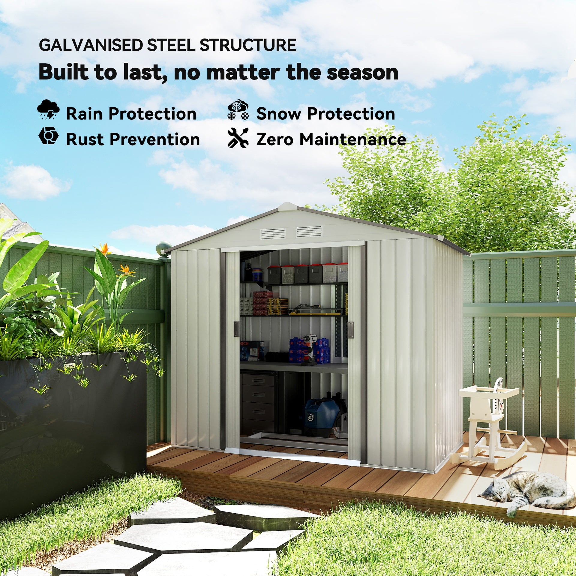 Outsunny 7x4 Garden Shed, Storage Shed with 4 Vents & 2 Sliding Doors, Garden Tool House for Backyard, Patio, Garage, Lawn,White