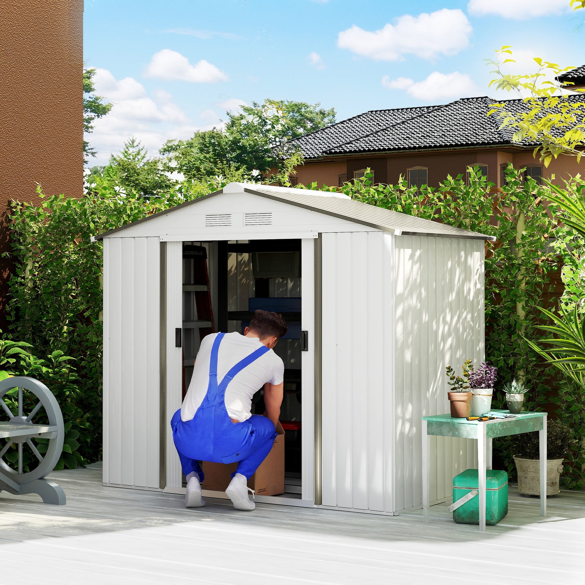 Outsunny 7x4 Garden Shed, Storage Shed with 4 Vents & 2 Sliding Doors, Garden Tool House for Backyard, Patio, Garage, Lawn,White