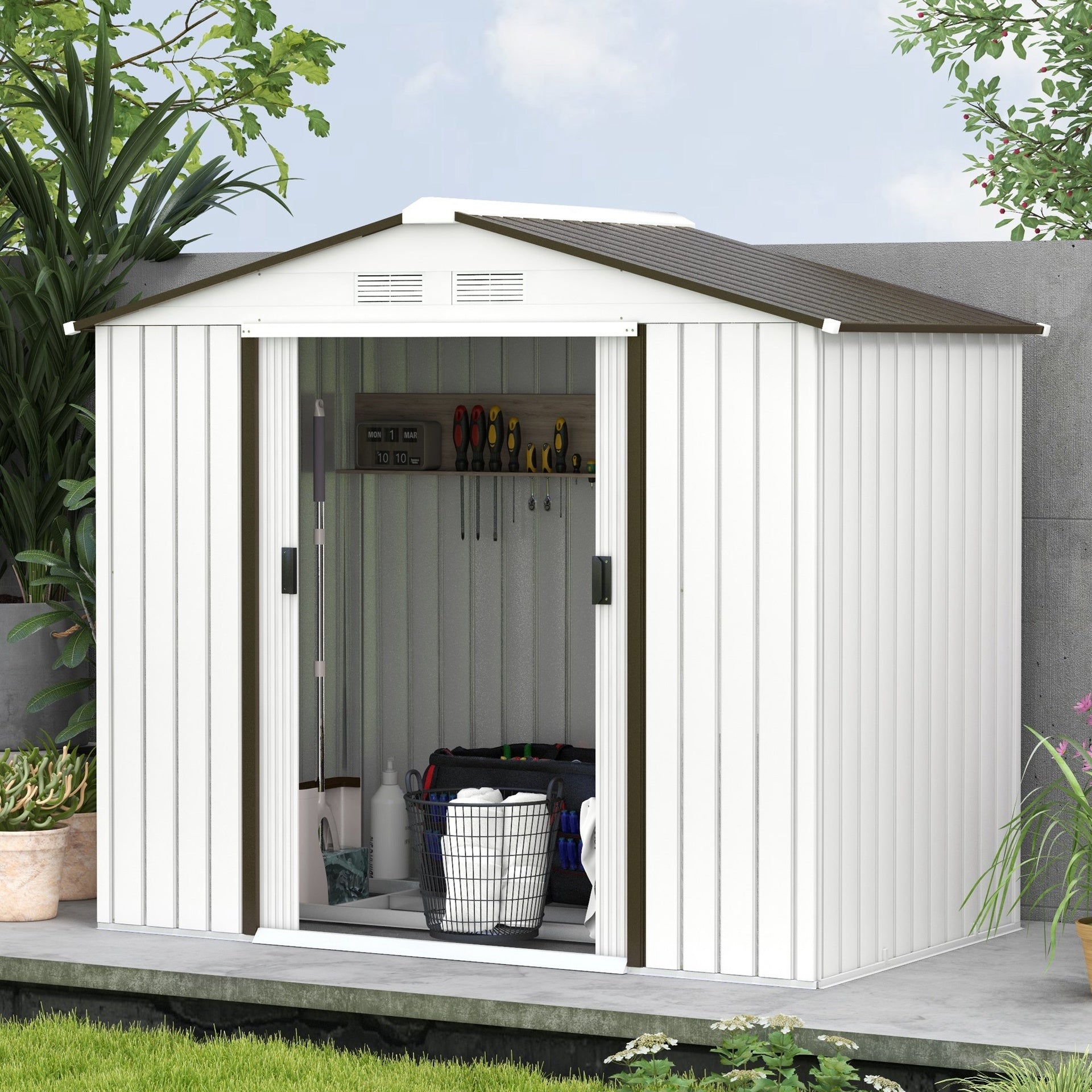 Outsunny 7x4 Garden Shed, Storage Shed with 4 Vents & 2 Sliding Doors, Garden Tool House for Backyard, Patio, Garage, Lawn,White