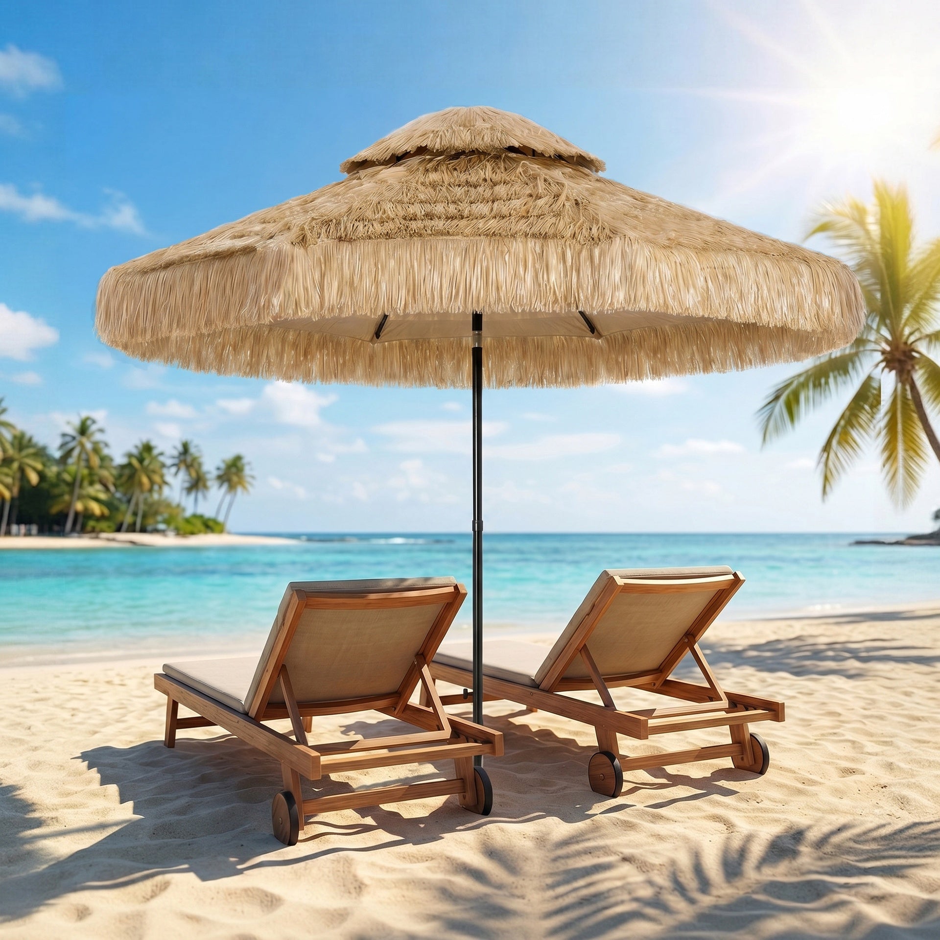 Outsunny 8.5 FT Hula Thatched Tiki Patio Umbrella, 2-Tier Tropical Hawaiian Style Outdoor Umbrella with 8 Ribs, UPF30+, Khaki