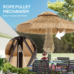 Outsunny 8.5 FT Hula Thatched Tiki Patio Umbrella, 2-Tier Tropical Hawaiian Style Outdoor Umbrella with 8 Ribs, UPF30+, Khaki